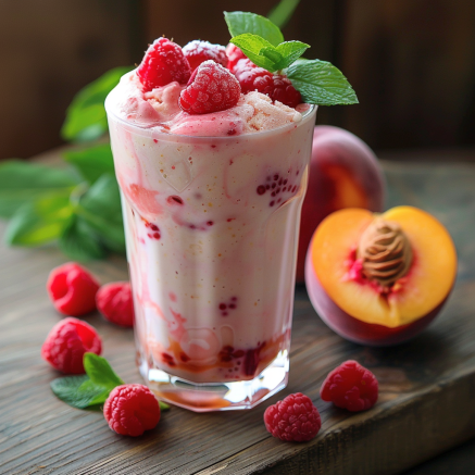 A tall glass brimming with our creamy Raspberry and Peach Avocado Green Dream, garnished with vibrant fresh raspberries, sprigs of mint, and a luscious dollop of dreamy avocado atop. Surrounding the glass are whole ripe raspberries, a juicy halved peach, and aromatic mint sprigs laid out on a beautifully rustic wooden surface. This indulgent smoothie is bursting with goodness—packed with essential nutrients and revitalizing freshness. At Zestful Blends, we prioritize both your health and our planet by offering eco-friendly packaging for all our fruit salads, juices, snacks, smoothies, whole fruit packs, and delectable desserts. A tall glass brimming with our creamy Raspberry and Peach Avocado Green Dream, garnished with vibrant fresh raspberries, sprigs of mint, and a luscious dollop of dreamy avocado atop. Surrounding the glass are whole ripe raspberries, a juicy halved peach, and aromatic mint sprigs laid out on a beautifully rustic wooden surface. This indulgent smoothie is bursting with goodness—packed with essential nutrients and revitalizing freshness. At Zestful Blends, we prioritize both your health and our planet by offering eco-friendly packaging for all our fruit salads, juices, snacks, smoothies, whole fruit packs, and delectable desserts.