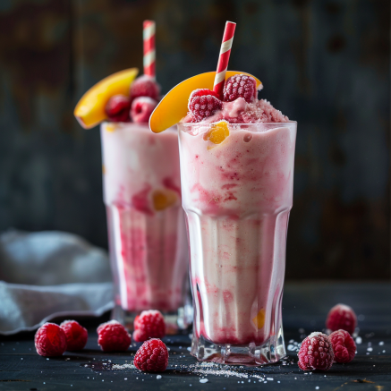 Two tall glasses brimming with creamy Avocado Green Dream, bursting with goodness and vibrant flavor, are beautifully garnished with succulent peach slices and fresh raspberries. Nestled on a dark surface scattered with extra raspberries, these smoothies invite you to indulge in a delicious health boost. Each glass is elegantly accented with a striped straw. At Zestful Blends, our offerings are always fresh, eco-friendly, and packed with nutrients to invigorate your day! Two tall glasses brimming with creamy Avocado Green Dream, bursting with goodness and vibrant flavor, are beautifully garnished with succulent peach slices and fresh raspberries. Nestled on a dark surface scattered with extra raspberries, these smoothies invite you to indulge in a delicious health boost. Each glass is elegantly accented with a striped straw. At Zestful Blends, our offerings are always fresh, eco-friendly, and packed with nutrients to invigorate your day!