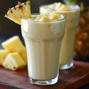 Pineapple Coconut Cloud Shake. Two glasses brimming with our creamy Avocado Green Dream are dazzlingly garnished with juicy pineapple slices and vibrant chunks. Nestled on a rustic wooden board surrounded by an array of fresh pineapple pieces, these smoothies promise a tropical escape in every sip. Bursting with goodness, this delightful blend not only tantalizes your taste buds but also nourishes your body with essential nutrients. In the background, a perfectly ripe pineapple hints at the pure freshness that defines all Zestful Blends creations. Enjoy eco-friendly indulgence and elevate your health journey—one delicious moment at a time!