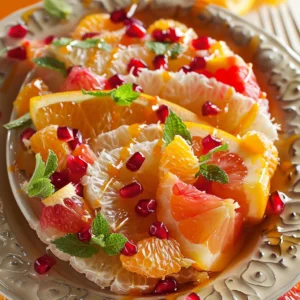 Citrus fruit salad with orange slices, grapefruit, pomegranate seeds, and fresh mint leaves, beautifully presented on a plate.