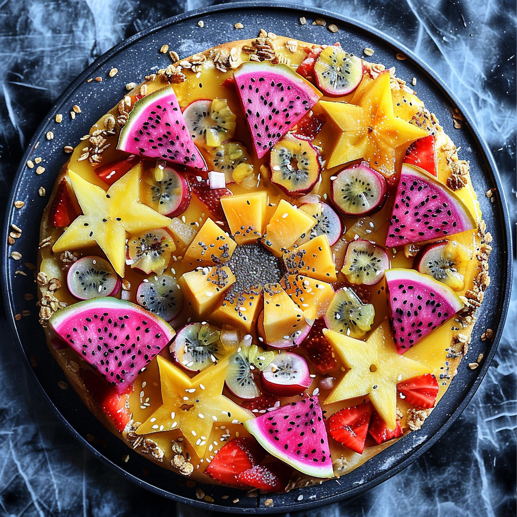 Behold the Exotic Twist Pizza, bursting with goodness and crafted for the vibrant health enthusiast. Displayed on an elegant dark marbled surface, this masterpiece resembles a colorful fruit tart, adorned with fresh slices of dragon fruit, kiwi, starfruit, mango, and strawberries. Each slice is garnished with nutrient-packed chia seeds and crunchy granola in a perfectly symmetrical pattern that pleases both the eyes and the palate. Embrace our eco-friendly approach as you delight in every bite of this nutritious gem from Zestful Blends! Behold the Exotic Twist Pizza, bursting with goodness and crafted for the vibrant health enthusiast. Displayed on an elegant dark marbled surface, this masterpiece resembles a colorful fruit tart, adorned with fresh slices of dragon fruit, kiwi, starfruit, mango, and strawberries. Each slice is garnished with nutrient-packed chia seeds and crunchy granola in a perfectly symmetrical pattern that pleases both the eyes and the palate. Embrace our eco-friendly approach as you delight in every bite of this nutritious gem from Zestful Blends!