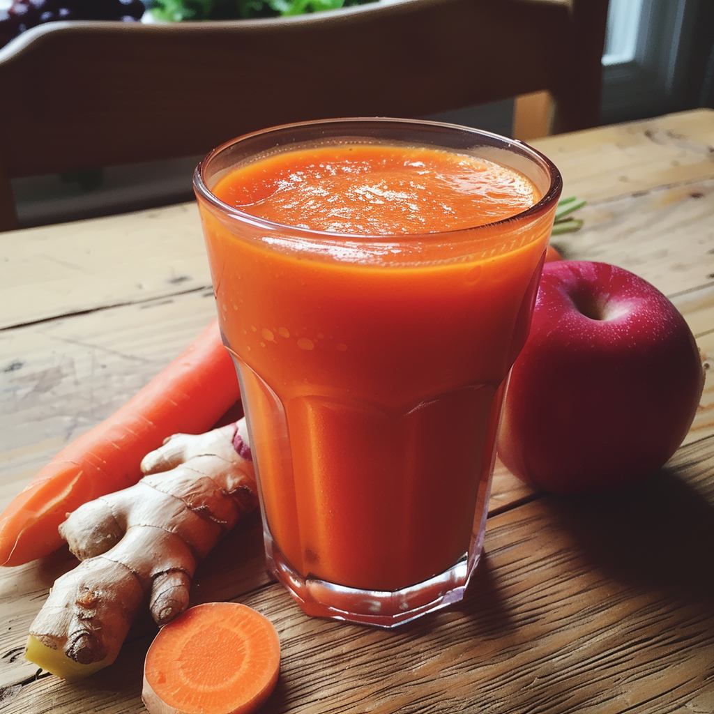 A radiant Citrus Sunrise juice glows on a rustic wooden table, surrounded by an assortment of fresh ingredients: a whole carrot, freshly sliced carrot, zesty ginger, and a vibrant red apple. Bursting with goodness and brimming with health benefits, this delightful blend captures the essence of morning vitality. Soft natural light envelops the scene like the gentle glow of dawn. At Zestful Blends, we’re proud to offer eco-friendly options in every sip—freshness that’s as kind to you as it is to our planet! A radiant Citrus Sunrise juice glows on a rustic wooden table, surrounded by an assortment of fresh ingredients: a whole carrot, freshly sliced carrot, zesty ginger, and a vibrant red apple. Bursting with goodness and brimming with health benefits, this delightful blend captures the essence of morning vitality. Soft natural light envelops the scene like the gentle glow of dawn. At Zestful Blends, we’re proud to offer eco-friendly options in every sip—freshness that’s as kind to you as it is to our planet!