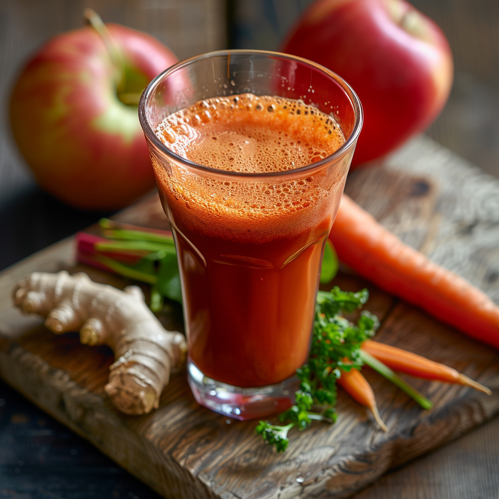 A glass of our Citrus Sunrise sparkles with vibrant, soulful energy on a charming wooden surface, surrounded by the freshest ingredients: a whole carrot, fragrant ginger root, crisp parsley, and two juicy apples. This bright orange juice is bursting with goodness and health benefits— as invigorating as a sunny dawn. At Zestful Blends, we craft every product with care and sustainability in mind. Indulge in the refreshing breeze of Citrus Sunrise for an eco-friendly boost to your day! A glass of our Citrus Sunrise sparkles with vibrant, soulful energy on a charming wooden surface, surrounded by the freshest ingredients: a whole carrot, fragrant ginger root, crisp parsley, and two juicy apples. This bright orange juice is bursting with goodness and health benefits— as invigorating as a sunny dawn. At Zestful Blends, we craft every product with care and sustainability in mind. Indulge in the refreshing breeze of Citrus Sunrise for an eco-friendly boost to your day!