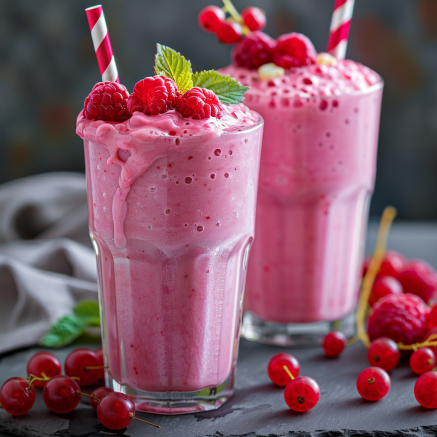 Two tall glasses of our vibrant pink Raspberry Rhapsody smoothies stand proudly, each sip bursting with goodness. Garnished with fresh raspberries, juicy red currants, and fragrant mint leaves, these smoothies promise a refreshing burst of vitality. Savor the layers of flavors through red and white striped straws as extra berries add a splash of color around the glasses on a sleek dark surface. Indulge in the health benefits and unparalleled freshness that Zestful Blends always delivers while enjoying our eco-friendly packaging. Two tall glasses of our vibrant pink Raspberry Rhapsody smoothies stand proudly, each sip bursting with goodness. Garnished with fresh raspberries, juicy red currants, and fragrant mint leaves, these smoothies promise a refreshing burst of vitality. Savor the layers of flavors through red and white striped straws as extra berries add a splash of color around the glasses on a sleek dark surface. Indulge in the health benefits and unparalleled freshness that Zestful Blends always delivers while enjoying our eco-friendly packaging.