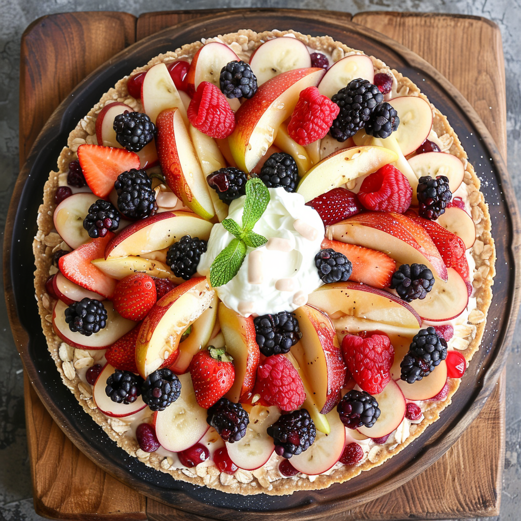 Feast your eyes on our Summer Berry Medley Pizza, a vibrant burst of goodness! Nestled on a dark plate atop an elegant wooden board, this masterpiece features apple slices, strawberries, raspberries, and blackberries—all bursting with freshness. A dollop of whipped cream adorned with mint leaves graces the center for a delightful finish. Our eco-friendly oat-sprinkled crust adds a wholesome crunch to this nutritious delight. Dive into the flavors of Zestful Blends and savor every health-packed bite! Feast your eyes on our Summer Berry Medley Pizza, a vibrant burst of goodness! Nestled on a dark plate atop an elegant wooden board, this masterpiece features apple slices, strawberries, raspberries, and blackberries—all bursting with freshness. A dollop of whipped cream adorned with mint leaves graces the center for a delightful finish. Our eco-friendly oat-sprinkled crust adds a wholesome crunch to this nutritious delight. Dive into the flavors of Zestful Blends and savor every health-packed bite!