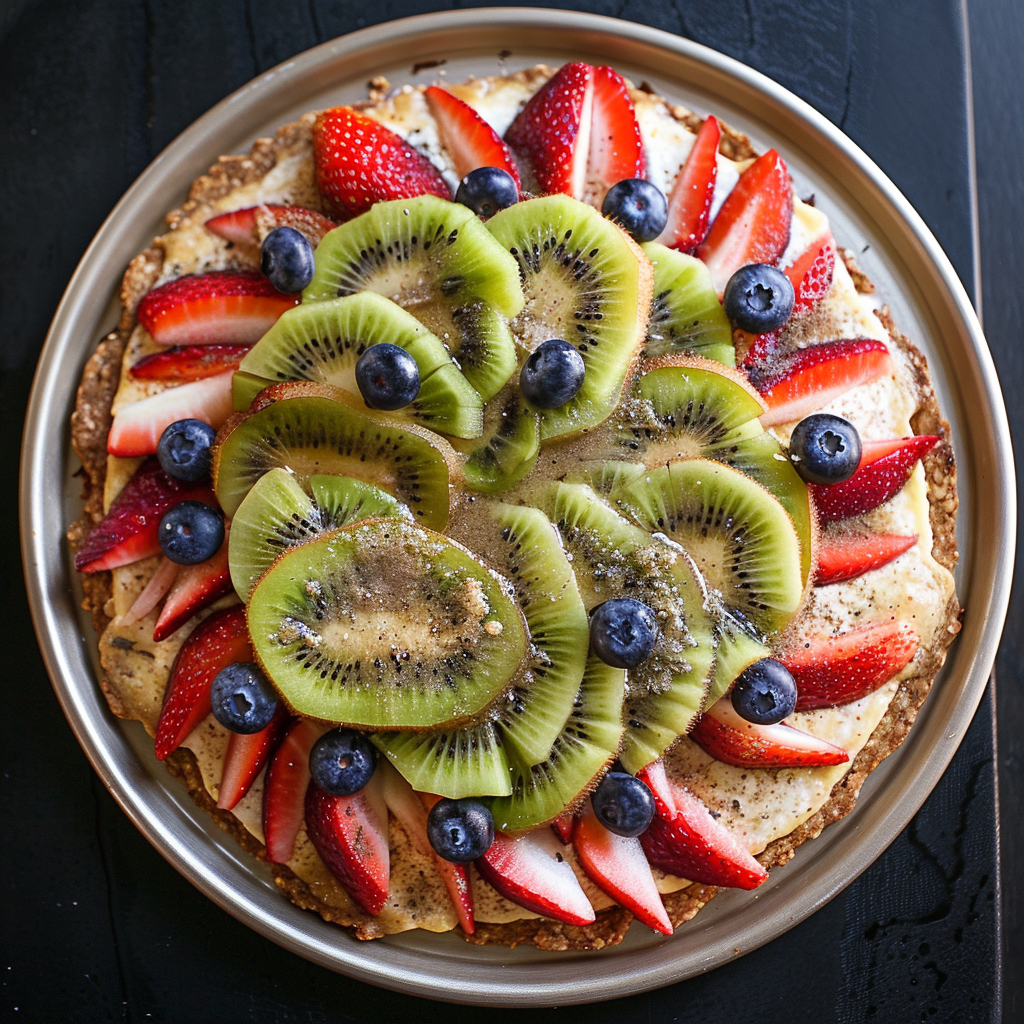 Discover the vibrant Kiwi & Berry Carnival Pizza from Zestful Blends! This colorful fruit tart, bursting with goodness, features sliced kiwis, juicy strawberries, and plump blueberries arranged in a delightful circular pattern on a sleek metallic plate. Revel in the fresh assortment of berries atop our creamy base—a true carnival of flavors. Each bite delivers a refreshing and nutritious experience that’s as eco-friendly as it is delicious. Indulge in this appetizing treat that's perfect for any occasion! #ZestfulBlends #FreshnessRedefined Discover the vibrant Kiwi & Berry Carnival Pizza from Zestful Blends! This colorful fruit tart, bursting with goodness, features sliced kiwis, juicy strawberries, and plump blueberries arranged in a delightful circular pattern on a sleek metallic plate. Revel in the fresh assortment of berries atop our creamy base—a true carnival of flavors. Each bite delivers a refreshing and nutritious experience that’s as eco-friendly as it is delicious. Indulge in this appetizing treat that's perfect for any occasion! #ZestfulBlends #FreshnessRedefined