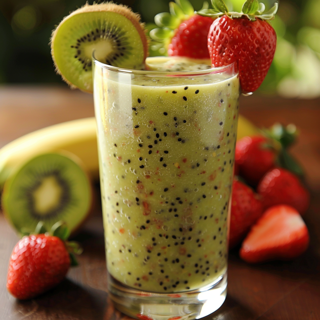 A refreshing glass of Kiwi Berry Bliss, bursting with goodness and garnished with a vibrant slice of kiwi and a juicy strawberry on the rim. Surrounding it are fresh strawberries, ripened whole and sliced kiwis, along with a nutrient-packed banana scattered across the wooden surface. This vibrant scene embodies the essence of Zestful Blends’ commitment to healthful indulgence and eco-friendly freshness. A refreshing glass of Kiwi Berry Bliss, bursting with goodness and garnished with a vibrant slice of kiwi and a juicy strawberry on the rim. Surrounding it are fresh strawberries, ripened whole and sliced kiwis, along with a nutrient-packed banana scattered across the wooden surface. This vibrant scene embodies the essence of Zestful Blends’ commitment to healthful indulgence and eco-friendly freshness.