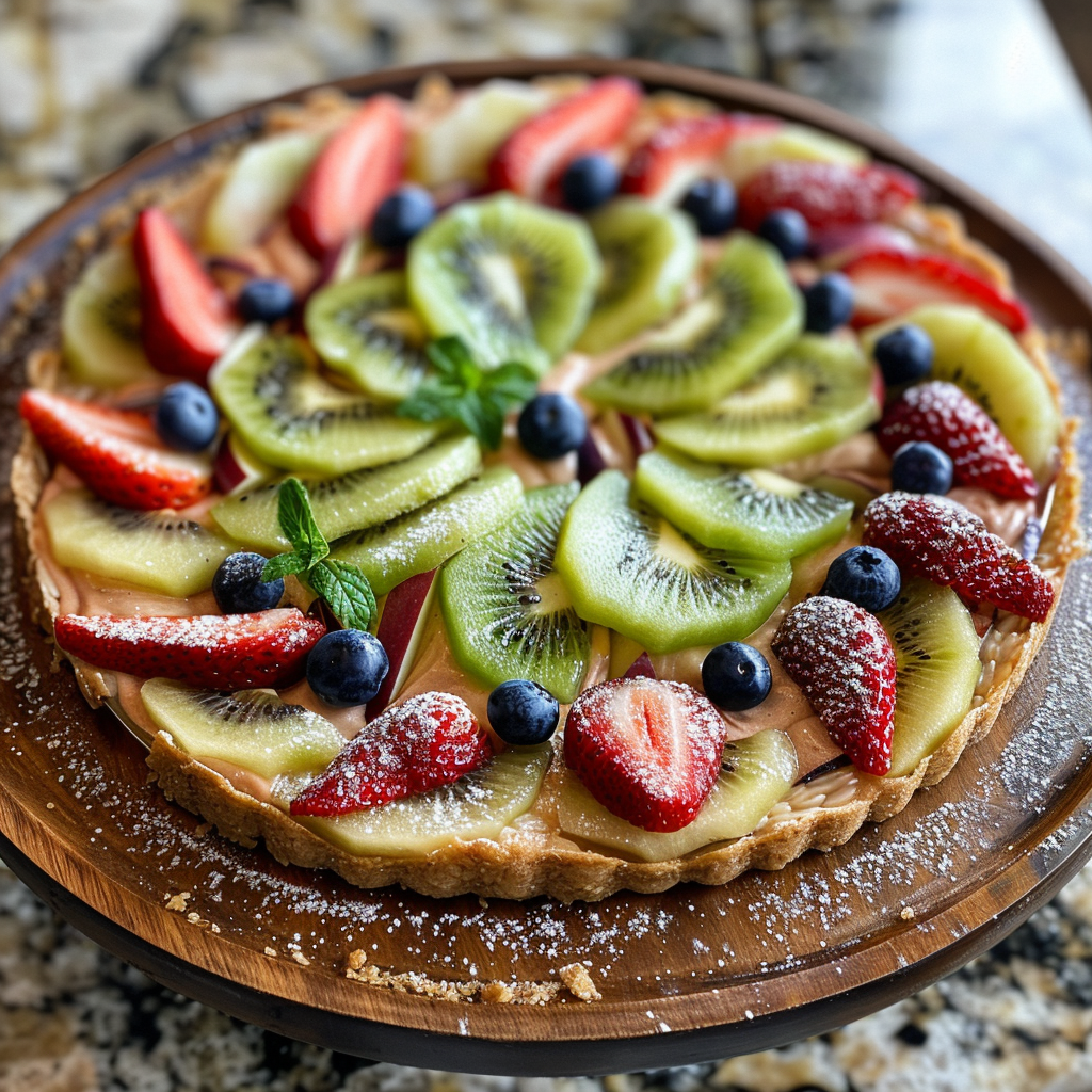 Experience the vibrant and refreshing delight of Zestful Blends with our Kiwi & Berry Carnival Pizza! Bursting with goodness, this delectable treat features an array of luscious strawberries, zesty kiwi slices, and plump blueberries, all dusted with a light sprinkle of powdered sugar. It’s elegantly presented on a rustic wooden serving board atop a pristine marble countertop, making it as visually appealing as it is delicious. Garnished with fresh mint leaves for an extra touch of freshness, this fruit pizza isn’t just a feast for your taste buds—it’s also packed with essential nutrients to keep you feeling energized and revitalized. And don’t forget: every aspect of our product is thoughtfully designed to be eco-friendly. Rediscover wholesome snacking at its finest with Zestful Blends! Experience the vibrant and refreshing delight of Zestful Blends with our Kiwi & Berry Carnival Pizza! Bursting with goodness, this delectable treat features an array of luscious strawberries, zesty kiwi slices, and plump blueberries, all dusted with a light sprinkle of powdered sugar. It’s elegantly presented on a rustic wooden serving board atop a pristine marble countertop, making it as visually appealing as it is delicious. Garnished with fresh mint leaves for an extra touch of freshness, this fruit pizza isn’t just a feast for your taste buds—it’s also packed with essential nutrients to keep you feeling energized and revitalized. And don’t forget: every aspect of our product is thoughtfully designed to be eco-friendly. Rediscover wholesome snacking at its finest with Zestful Blends!