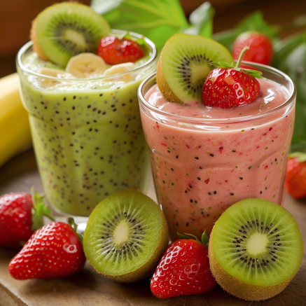 Two vibrant glasses of smoothies burst with goodness on a naturally elegant wooden surface. The green smoothie, brimming with fresh ingredients, is perfectly complemented by slices of banana and strawberries. Beside it, the Kiwi Berry Bliss smoothie dazzles in pink, adorned with a juicy strawberry and a slice of kiwi. Surrounding these refreshing delights are plump strawberries and bright kiwis, highlighting our commitment to freshness and healthful indulgence. At Zestful Blends, we take pride in offering nourishing fruit salads, invigorating juices, wholesome snacks, revitalizing smoothies, convenient whole fruit packs, and delectable desserts—all crafted with care for you and the environment. Two vibrant glasses of smoothies burst with goodness on a naturally elegant wooden surface. The green smoothie, brimming with fresh ingredients, is perfectly complemented by slices of banana and strawberries. Beside it, the Kiwi Berry Bliss smoothie dazzles in pink, adorned with a juicy strawberry and a slice of kiwi. Surrounding these refreshing delights are plump strawberries and bright kiwis, highlighting our commitment to freshness and healthful indulgence. At Zestful Blends, we take pride in offering nourishing fruit salads, invigorating juices, wholesome snacks, revitalizing smoothies, convenient whole fruit packs, and delectable desserts—all crafted with care for you and the environment.