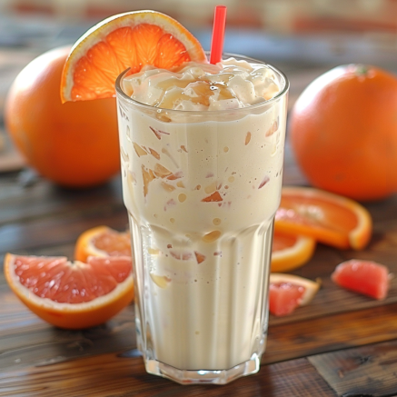A tall glass brimming with our creamy, light orange Citrus Burst smoothie, artistically topped with ice cubes and elegantly garnished with a fresh orange slice on the rim. In the backdrop, whole and sliced oranges sit invitingly on a rustic wooden surface, showcasing the pure ingredients we use. A vibrant red straw completes the scene, promising a burst of refreshing flavor that’s bursting with goodness. At Zestful Blends, every sip is packed with health benefits and freshness. Enjoy nature's finest in our eco-friendly packaging! A tall glass brimming with our creamy, light orange Citrus Burst smoothie, artistically topped with ice cubes and elegantly garnished with a fresh orange slice on the rim. In the backdrop, whole and sliced oranges sit invitingly on a rustic wooden surface, showcasing the pure ingredients we use. A vibrant red straw completes the scene, promising a burst of refreshing flavor that’s bursting with goodness. At Zestful Blends, every sip is packed with health benefits and freshness. Enjoy nature's finest in our eco-friendly packaging!