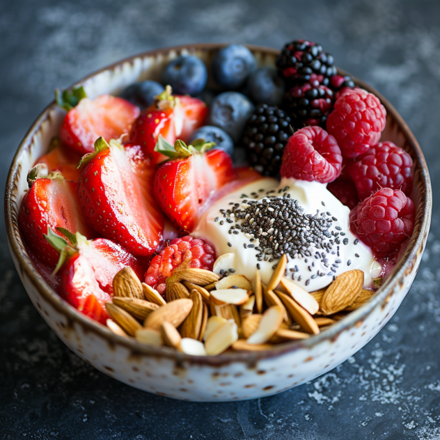 Berry Nutty Fruit Salad: A delicious and nutritious mix of berries, almonds, chia seeds, and Greek yogurt Fresh Berry Nutty Fruit Salad with mixed berries, almonds, chia seeds, and Greek yogurt served in a bowl