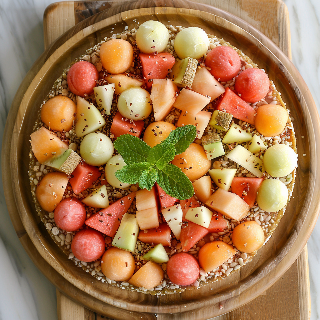 Experience the vibrant celebration of our Melon Fiesta Tart, a masterpiece bursting with goodness and health benefits! This colorful delight features an array of freshly scooped melon balls, including watermelon, honeydew, and cantaloupe. Each juicy bite is packed with vitamins and antioxidants. The tart’s wholesome base is generously sprinkled with nutritious nuts and chia seeds, delivering a satisfying crunch. A refreshing sprig of mint crowns this tantalizing treat, all presented elegantly on an eco-friendly wooden board. Indulge in this fresh dessert that’s as nutritious as it is beautiful – only at Zestful Blends! Experience the vibrant celebration of our Melon Fiesta Tart, a masterpiece bursting with goodness and health benefits! This colorful delight features an array of freshly scooped melon balls, including watermelon, honeydew, and cantaloupe. Each juicy bite is packed with vitamins and antioxidants. The tart’s wholesome base is generously sprinkled with nutritious nuts and chia seeds, delivering a satisfying crunch. A refreshing sprig of mint crowns this tantalizing treat, all presented elegantly on an eco-friendly wooden board. Indulge in this fresh dessert that’s as nutritious as it is beautiful – only at Zestful Blends!