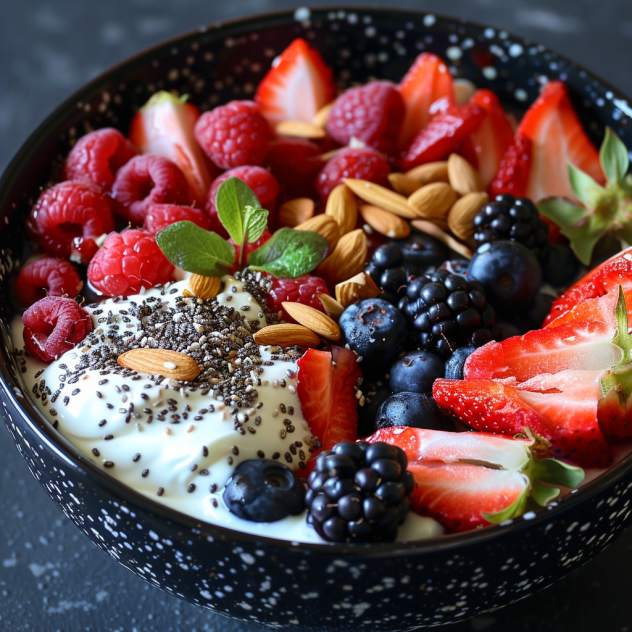 A vibrant black-speckled bowl brimming with creamy yogurt, topped with a medley of fresh strawberries, raspberries, blueberries, blackberries, crunchy almonds, nutrient-packed chia seeds, and a refreshing sprig of mint sits on a sleek dark surface. This Berry Nutty Salad is bursting with goodness, offering an appetizing and nutritious display that perfectly blends rich flavors and natural textures. Enjoy the health benefits and freshness of our carefully crafted ingredients that not only nourish your body but also support eco-friendly practices. Embrace the zestful harmony in every dish from Zestful Blends! A vibrant black-speckled bowl brimming with creamy yogurt, topped with a medley of fresh strawberries, raspberries, blueberries, blackberries, crunchy almonds, nutrient-packed chia seeds, and a refreshing sprig of mint sits on a sleek dark surface. This Berry Nutty Salad is bursting with goodness, offering an appetizing and nutritious display that perfectly blends rich flavors and natural textures. Enjoy the health benefits and freshness of our carefully crafted ingredients that not only nourish your body but also support eco-friendly practices. Embrace the zestful harmony in every dish from Zestful Blends!