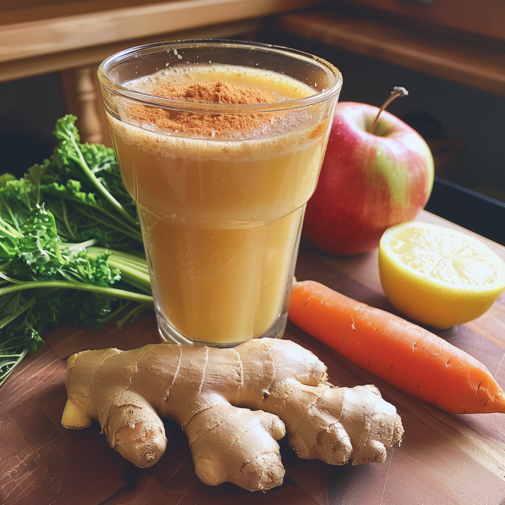 Experience the invigorating freshness of Zestful Blends with our Citrus Sunrise Juice, bursting with goodness! This vibrant glass, elegantly garnished with a sprinkle of ground cinnamon, sits on a rustic wooden table. Surrounding it are the finest ingredients: crisp kale, a juicy apple, zesty lemon half, wholesome carrot, and aromatic ginger root. It's like capturing the essence of sunrise in every sip! Enjoy this eco-friendly blend packed with nutrients and pure delight. Experience the invigorating freshness of Zestful Blends with our Citrus Sunrise Juice, bursting with goodness! This vibrant glass, elegantly garnished with a sprinkle of ground cinnamon, sits on a rustic wooden table. Surrounding it are the finest ingredients: crisp kale, a juicy apple, zesty lemon half, wholesome carrot, and aromatic ginger root. It's like capturing the essence of sunrise in every sip! Enjoy this eco-friendly blend packed with nutrients and pure delight.