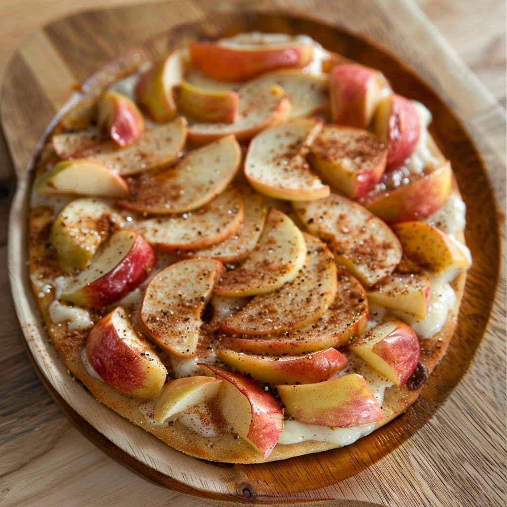Indulge in Zestful Blends' Apple Cinnamon Delicacy Pizza, a vibrant treat bursting with goodness! A wooden platter cradles this freshly baked sensation featuring thinly sliced, tender apples sprinkled with fragrant cinnamon atop a lightly golden crust. This delightful creation not only offers the perfect balance of warmth and sweetness but also embodies our commitment to fresh, wholesome ingredients. Experience the healthy, eco-friendly choice for your palate! Indulge in Zestful Blends' Apple Cinnamon Delicacy Pizza, a vibrant treat bursting with goodness! A wooden platter cradles this freshly baked sensation featuring thinly sliced, tender apples sprinkled with fragrant cinnamon atop a lightly golden crust. This delightful creation not only offers the perfect balance of warmth and sweetness but also embodies our commitment to fresh, wholesome ingredients. Experience the healthy, eco-friendly choice for your palate!