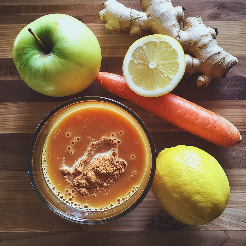 A refreshing glass of Citrus Sunrise, bursting with goodness and topped with a sprinkle of ground ginger, sits elegantly on a rustic wooden surface. Surrounding this vibrant delight are an array of fresh ingredients: a crisp apple, a zesty halved lemon alongside its whole counterpart, a nutritious carrot, and revitalizing ginger root. This citrus medley perfectly captures the invigorating freshness of a sunrise. At Zestful Blends, we pride ourselves on offering products that epitomize health and vitality while embracing eco-friendly practices for a sustainable future. A refreshing glass of Citrus Sunrise, bursting with goodness and topped with a sprinkle of ground ginger, sits elegantly on a rustic wooden surface. Surrounding this vibrant delight are an array of fresh ingredients: a crisp apple, a zesty halved lemon alongside its whole counterpart, a nutritious carrot, and revitalizing ginger root. This citrus medley perfectly captures the invigorating freshness of a sunrise. At Zestful Blends, we pride ourselves on offering products that epitomize health and vitality while embracing eco-friendly practices for a sustainable future.