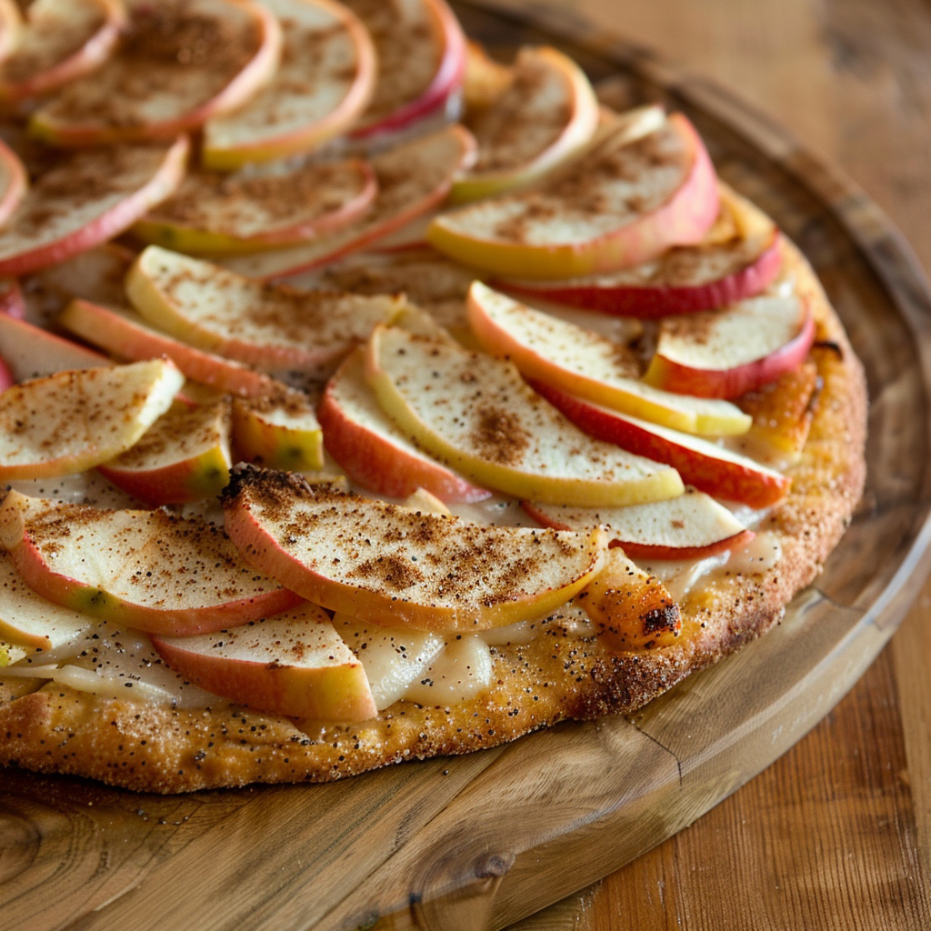 A tantalizing close-up of our Apple Cinnamon Delicacy Pizza, bursting with goodness! This vibrant creation features thinly sliced apples and a sprinkle of cinnamon sugar atop a golden brown crust. Presented on an eco-friendly wooden serving board, this delightful dish embodies the freshness and health benefits Zestful Blends is renowned for. The blurred background ensures all eyes are on this mouthwatering masterpiece. Indulge in a dessert that’s both delicious and wholesome! A tantalizing close-up of our Apple Cinnamon Delicacy Pizza, bursting with goodness! This vibrant creation features thinly sliced apples and a sprinkle of cinnamon sugar atop a golden brown crust. Presented on an eco-friendly wooden serving board, this delightful dish embodies the freshness and health benefits Zestful Blends is renowned for. The blurred background ensures all eyes are on this mouthwatering masterpiece. Indulge in a dessert that’s both delicious and wholesome!