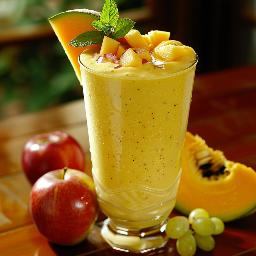 A glass of our All-Star Fruit Spectacle, bursting with goodness and garnished with luscious mango chunks and a vibrant sprig of mint. Set against a backdrop of crisp apples, juicy grapes, and a slice of succulent cantaloupe melon, this creamy and refreshing smoothie is the ultimate tropical treat. Experience the health-boosting benefits and freshness of Zestful Blends in every sip. Embrace vitality with our expertly crafted fruit salads, juices, snacks, smoothies, whole fruit packs, and desserts—each one carefully curated to nourish your body while being kind to the planet. A glass of our All-Star Fruit Spectacle, bursting with goodness and garnished with luscious mango chunks and a vibrant sprig of mint. Set against a backdrop of crisp apples, juicy grapes, and a slice of succulent cantaloupe melon, this creamy and refreshing smoothie is the ultimate tropical treat. Experience the health-boosting benefits and freshness of Zestful Blends in every sip. Embrace vitality with our expertly crafted fruit salads, juices, snacks, smoothies, whole fruit packs, and desserts—each one carefully curated to nourish your body while being kind to the planet.