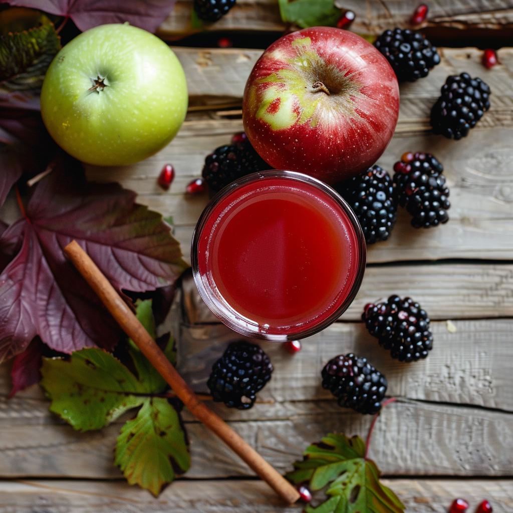 A beautifully crafted wooden table is adorned with a vibrant glass of red juice, bursting with the pure, natural goodness of Zestful Blends. Surrounding this refreshing drink are plump blackberries and crisp apples in green and red, echoing the radiant freshness and health benefits packed into every product—whether it’s our fruit salads, rejuvenating juices, invigorating snacks, delicious smoothies, whole fruit packs brimming with nutrients or delectable desserts. Scattered autumn leaves and extra berries heighten the seasonal charm while highlighting our commitment to eco-friendly practices. Experience the essence of Apple Berry Autumn with every sip and bite! A beautifully crafted wooden table is adorned with a vibrant glass of red juice, bursting with the pure, natural goodness of Zestful Blends. Surrounding this refreshing drink are plump blackberries and crisp apples in green and red, echoing the radiant freshness and health benefits packed into every product—whether it’s our fruit salads, rejuvenating juices, invigorating snacks, delicious smoothies, whole fruit packs brimming with nutrients or delectable desserts. Scattered autumn leaves and extra berries heighten the seasonal charm while highlighting our commitment to eco-friendly practices. Experience the essence of Apple Berry Autumn with every sip and bite!
