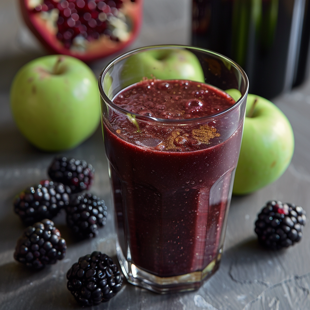 A glass of our Apple Berry Autumn smoothie, bursting with goodness, is placed on a table adorned with fresh blackberries and green apples. In the background, a halved pomegranate enhances the vibrant, autumn fruit-filled scene. This rich and thick smoothie exemplifies Zestful Blends' commitment to healthful vitality and eco-friendly freshness in every sip. A glass of our Apple Berry Autumn smoothie, bursting with goodness, is placed on a table adorned with fresh blackberries and green apples. In the background, a halved pomegranate enhances the vibrant, autumn fruit-filled scene. This rich and thick smoothie exemplifies Zestful Blends' commitment to healthful vitality and eco-friendly freshness in every sip.