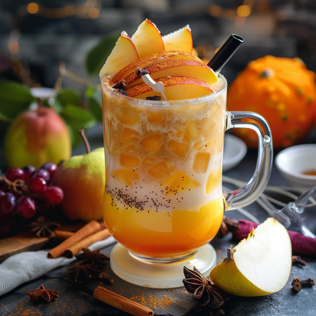 A vibrant tall glass mug brimming with a frothy, iced delight, garnished with crisp apple slices, aromatic cinnamon, and a chic dark straw. This refreshing concoction is surrounded by fresh apples, succulent grapes, a hearty pumpkin, invigorating cinnamon sticks, and fragrant star anise—all set against the cozy backdrop of our Autumn Spice Symphony. Zestful Blends offers this seasonal sensation bursting with goodness and packed with health benefits. Enjoy the essence of autumn in every sip while savoring the freshness and eco-friendly charm that defines all our fruit salads, juices, snacks, smoothies, whole fruit packs—perfectly crafted to nourish your body and soul! A vibrant tall glass mug brimming with a frothy, iced delight, garnished with crisp apple slices, aromatic cinnamon, and a chic dark straw. This refreshing concoction is surrounded by fresh apples, succulent grapes, a hearty pumpkin, invigorating cinnamon sticks, and fragrant star anise—all set against the cozy backdrop of our Autumn Spice Symphony. Zestful Blends offers this seasonal sensation bursting with goodness and packed with health benefits. Enjoy the essence of autumn in every sip while savoring the freshness and eco-friendly charm that defines all our fruit salads, juices, snacks, smoothies, whole fruit packs—perfectly crafted to nourish your body and soul!