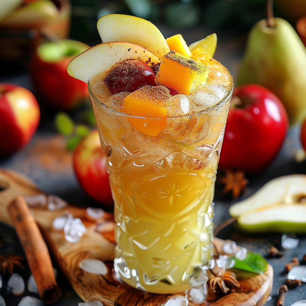 A tall, ornate glass brimming with **Autumn Spice Symphony**, a vibrant blend bursting with goodness! Garnished with apple slices and chunks of pear and mango, each sip promises a medley of fresh autumn flavors. Surrounding the glass are luscious apples, pears, a fragrant cinnamon stick, and star anise—all perfectly presented on a rustic wooden board adorned with sparkling ice cubes. Dive into this refreshing treat that’s not only delicious but also eco-friendly! Experience the zest of nature’s finest offerings in every bite and sip from Zestful Blends. A tall, ornate glass brimming with **Autumn Spice Symphony**, a vibrant blend bursting with goodness! Garnished with apple slices and chunks of pear and mango, each sip promises a medley of fresh autumn flavors. Surrounding the glass are luscious apples, pears, a fragrant cinnamon stick, and star anise—all perfectly presented on a rustic wooden board adorned with sparkling ice cubes. Dive into this refreshing treat that’s not only delicious but also eco-friendly! Experience the zest of nature’s finest offerings in every bite and sip from Zestful Blends.