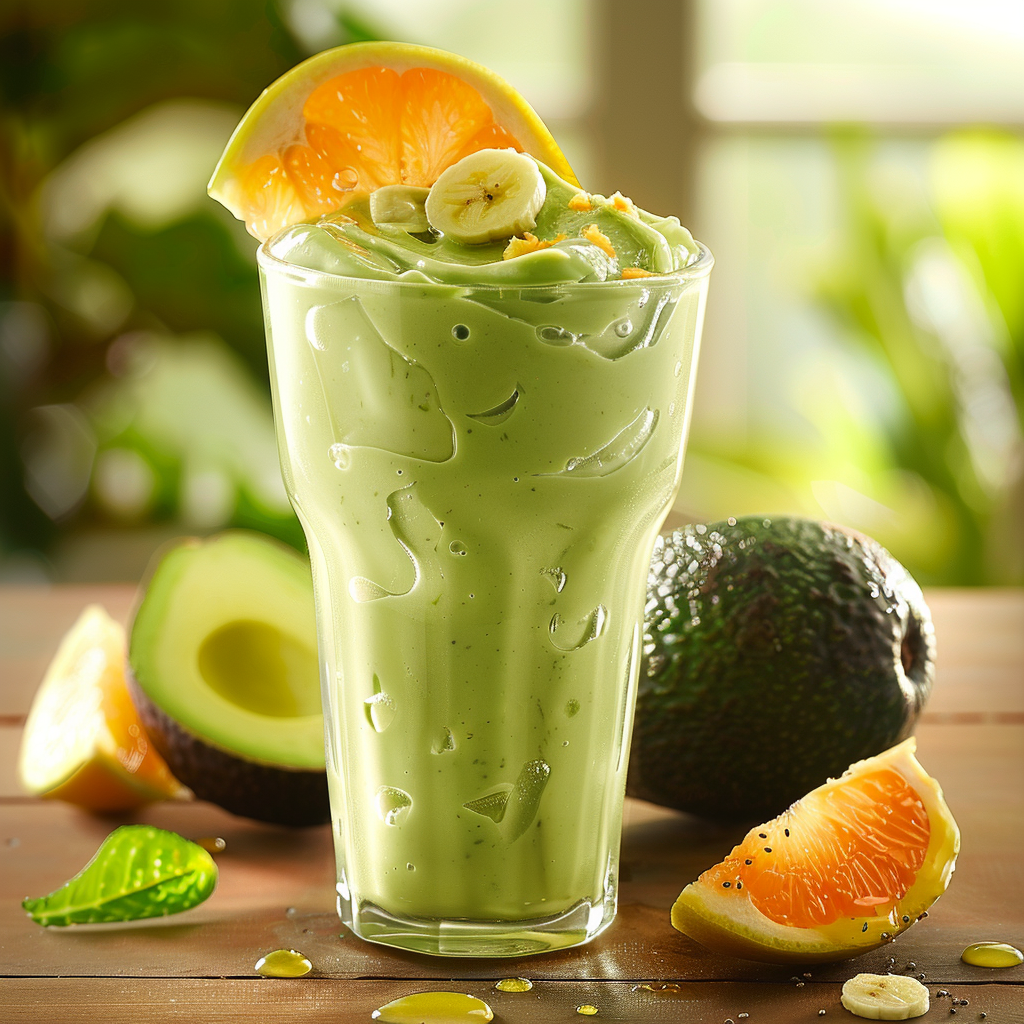 A tall glass brimming with our creamy Avocado Citrus Dream, adorned with vibrant orange and banana slices. Bursting with goodness, this velvety green delight harmonizes the richness of avocado with a refreshing hint of citrus. Nestled against a rustic wooden surface and surrounded by fresh avocados, juicy orange slices, and ripe bananas, this creation exudes freshness. In the blurred sunny backdrop, feel the zestful energy of nature – perfect for your health-conscious cravings. At Zestful Blends, we celebrate eco-friendly choices and outstanding nutrition in every mouthwatering treat! A tall glass brimming with our creamy Avocado Citrus Dream, adorned with vibrant orange and banana slices. Bursting with goodness, this velvety green delight harmonizes the richness of avocado with a refreshing hint of citrus. Nestled against a rustic wooden surface and surrounded by fresh avocados, juicy orange slices, and ripe bananas, this creation exudes freshness. In the blurred sunny backdrop, feel the zestful energy of nature – perfect for your health-conscious cravings. At Zestful Blends, we celebrate eco-friendly choices and outstanding nutrition in every mouthwatering treat!