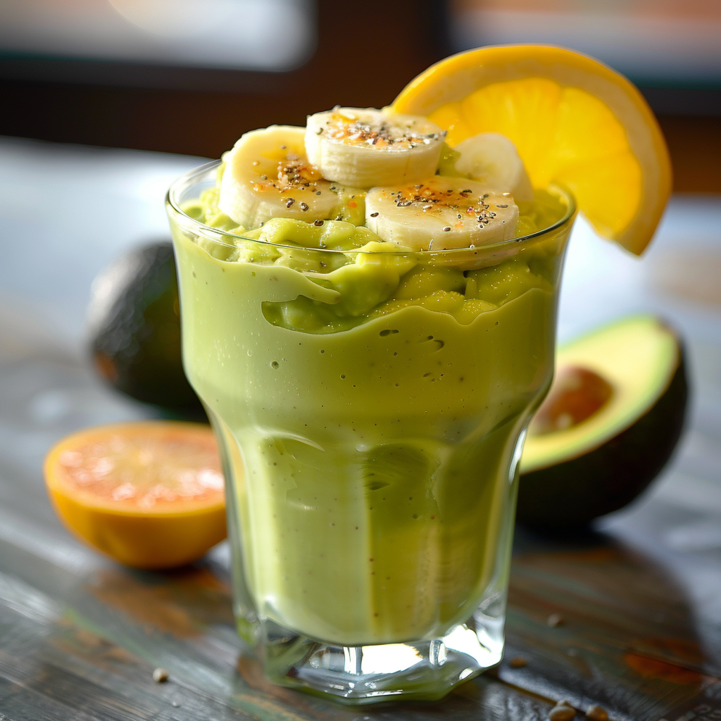 A radiant glass of our creamy Avocado Citrus Cream, adorned with fresh banana slices, nutrient-packed chia seeds, and a zesty lemon wedge. Nestled against the vibrant hues of ripe avocado and sliced lemon on a rustic wooden table, this smoothie is bursting with goodness. Each sip promises refreshing citrus notes and velvety texture—perfect for a healthful boost! Enjoy the pure freshness of our eco-friendly ingredients at Zestful Blends where every product is crafted to deliver vitality and joy. A radiant glass of our creamy Avocado Citrus Cream, adorned with fresh banana slices, nutrient-packed chia seeds, and a zesty lemon wedge. Nestled against the vibrant hues of ripe avocado and sliced lemon on a rustic wooden table, this smoothie is bursting with goodness. Each sip promises refreshing citrus notes and velvety texture—perfect for a healthful boost! Enjoy the pure freshness of our eco-friendly ingredients at Zestful Blends where every product is crafted to deliver vitality and joy.