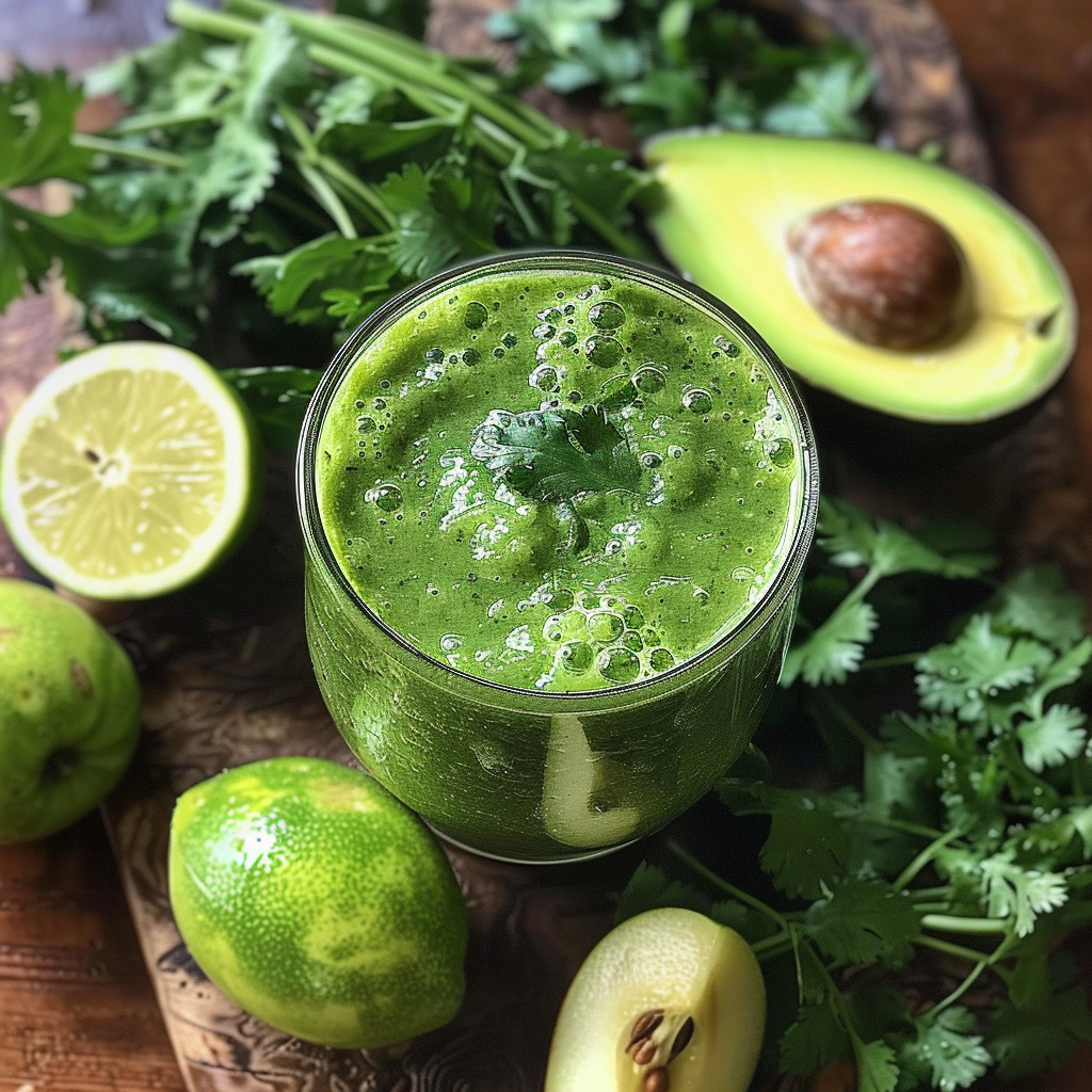 A vibrant Avocado Herb Harmony Smoothie, bursting with goodness, is elegantly garnished with a fresh cilantro leaf and showcased in a glass. Surrounding the smoothie are its wholesome ingredients: a halved avocado, zesty limes—one cut and others whole—and aromatic cilantro leaves on a pristine wooden surface. The well-lit scene captures the radiant freshness of Zestful Blends’ premium, health-boosting smoothie ingredients. Enjoy this nutrient-packed delight that's as nourishing as it is delicious! Indulge in our eco-friendly promise to deliver vibrant health benefits in every sip. A vibrant Avocado Herb Harmony Smoothie, bursting with goodness, is elegantly garnished with a fresh cilantro leaf and showcased in a glass. Surrounding the smoothie are its wholesome ingredients: a halved avocado, zesty limes—one cut and others whole—and aromatic cilantro leaves on a pristine wooden surface. The well-lit scene captures the radiant freshness of Zestful Blends’ premium, health-boosting smoothie ingredients. Enjoy this nutrient-packed delight that's as nourishing as it is delicious! Indulge in our eco-friendly promise to deliver vibrant health benefits in every sip.