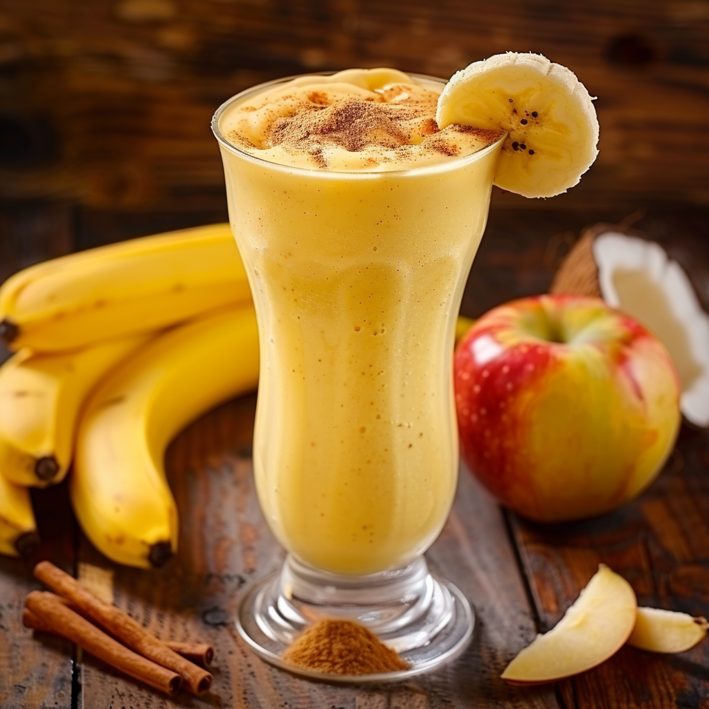 A tall glass of our creamy Banana Bliss Smoothie, bursting with goodness and topped with a fresh banana slice, takes center stage. This vibrant smoothie is surrounded by naturally sweet bananas, a crisp apple, and fragrant cinnamon sticks on a rustic wooden table. A sprinkle of cinnamon crowns the smoothie and adorns the table nearby, adding an inviting touch of warmth. Perfectly blended to boost your day with healthful energy, our Banana Bliss Smoothie showcases the incredible freshness of Zestful Blends' products—fresh fruit salads, revitalizing juices, wholesome snacks, nutrient-rich smoothies, convenient whole fruit packs, and delectable desserts—all crafted to nourish your body while respecting our planet with eco-friendly practices. A tall glass of our creamy Banana Bliss Smoothie, bursting with goodness and topped with a fresh banana slice, takes center stage. This vibrant smoothie is surrounded by naturally sweet bananas, a crisp apple, and fragrant cinnamon sticks on a rustic wooden table. A sprinkle of cinnamon crowns the smoothie and adorns the table nearby, adding an inviting touch of warmth. Perfectly blended to boost your day with healthful energy, our Banana Bliss Smoothie showcases the incredible freshness of Zestful Blends' products—fresh fruit salads, revitalizing juices, wholesome snacks, nutrient-rich smoothies, convenient whole fruit packs, and delectable desserts—all crafted to nourish your body while respecting our planet with eco-friendly practices.