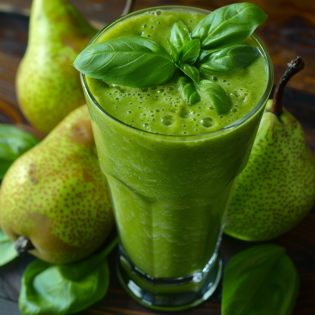 A tall glass filled with our vibrant green Basil Pear Bliss Smoothie, garnished with fresh basil leaves. In the background, two speckled pears rest among additional basil leaves scattered on a rustic wooden surface. This creamy, inviting smoothie is bursting with goodness, promising a refreshing taste from nature's finest ingredients. Discover the health benefits and pure freshness of Zestful Blends in every sip—energize your day while enjoying our eco-friendly commitment to quality and sustainability! A tall glass filled with our vibrant green Basil Pear Bliss Smoothie, garnished with fresh basil leaves. In the background, two speckled pears rest among additional basil leaves scattered on a rustic wooden surface. This creamy, inviting smoothie is bursting with goodness, promising a refreshing taste from nature's finest ingredients. Discover the health benefits and pure freshness of Zestful Blends in every sip—energize your day while enjoying our eco-friendly commitment to quality and sustainability!