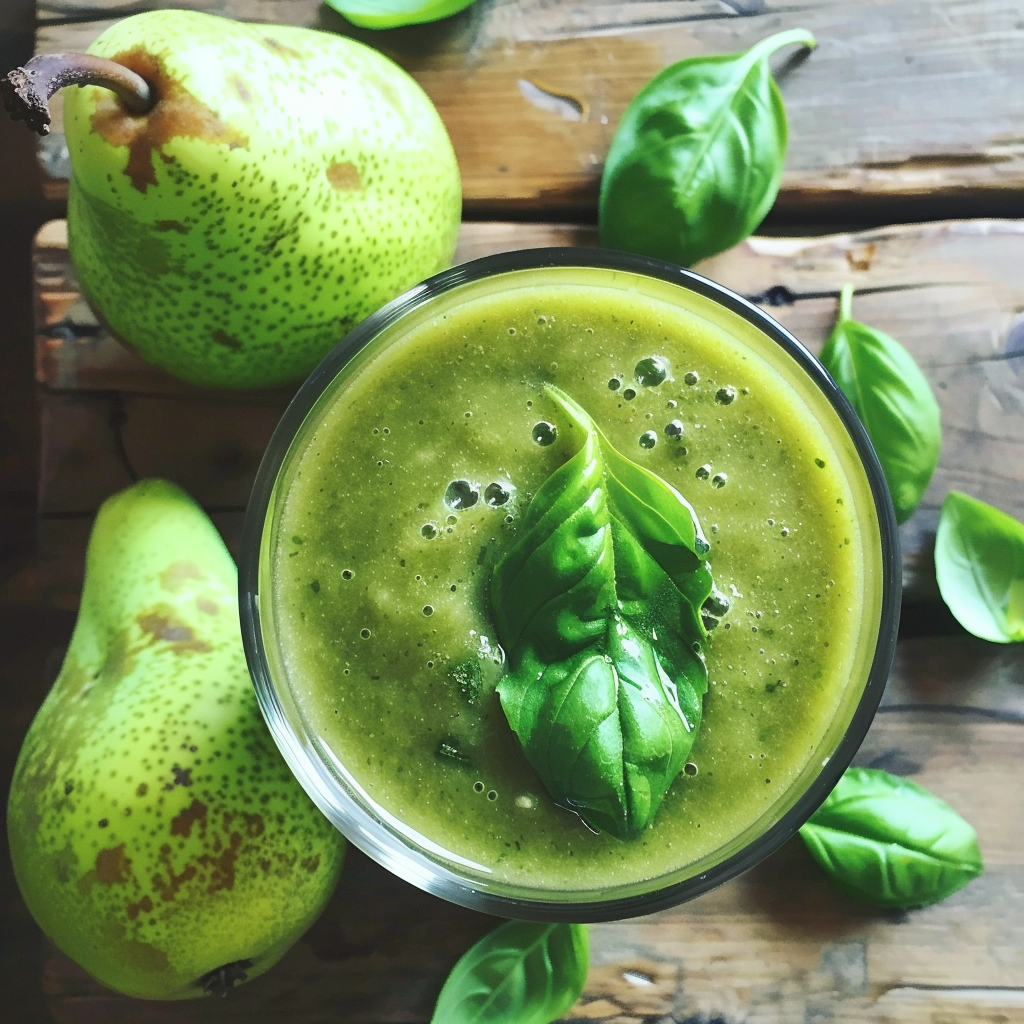Experience the Basil Pear Bliss Smoothie from Zestful Blends, served in a chic glass and topped with a fresh basil leaf. This delightful smoothie is surrounded by vibrant basil leaves and two ripe, juicy pears, all artistically presented on a rustic wooden surface. Our Basil Pear Bliss Smoothie is bursting with goodness—packed with essential nutrients and designed to invigorate your senses. At Zestful Blends, our commitment to freshness means you’ll enjoy the purest flavors in every sip. Plus, our eco-friendly practices ensure you’re treating both yourself and the planet right! Indulge in healthful vitality today! Experience the Basil Pear Bliss Smoothie from Zestful Blends, served in a chic glass and topped with a fresh basil leaf. This delightful smoothie is surrounded by vibrant basil leaves and two ripe, juicy pears, all artistically presented on a rustic wooden surface. Our Basil Pear Bliss Smoothie is bursting with goodness—packed with essential nutrients and designed to invigorate your senses. At Zestful Blends, our commitment to freshness means you’ll enjoy the purest flavors in every sip. Plus, our eco-friendly practices ensure you’re treating both yourself and the planet right! Indulge in healthful vitality today!