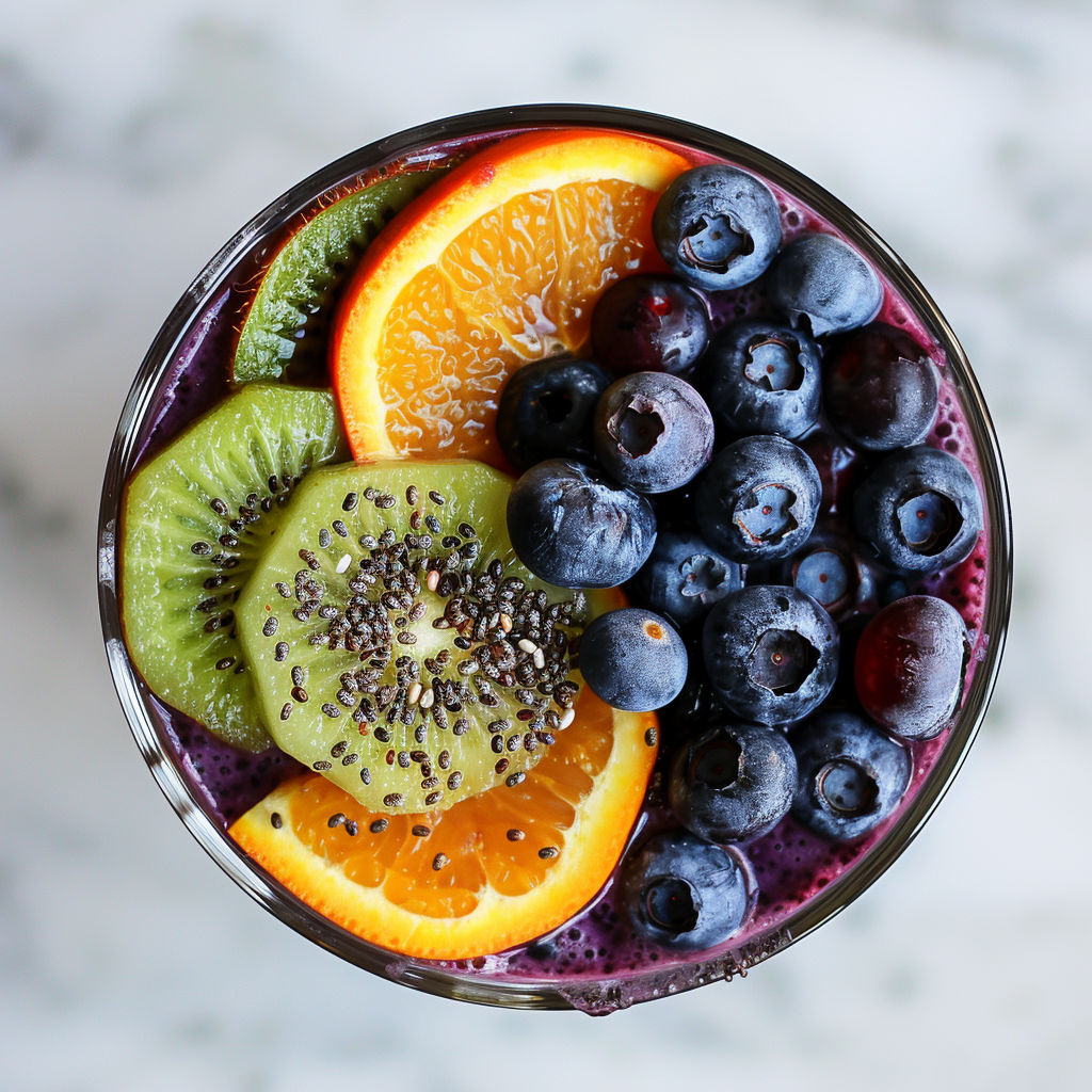 Dive into the Berry Citrus Surprise smoothie bowl from Zestful Blends, bursting with goodness and vibrant colors! This delectable creation features fresh blueberries, zesty sliced kiwi, juicy orange segments, and a sprinkle of health-boosting chia seeds. Its rich purple hue hints at a luscious blend of berries, elevated by a refreshing citrus twist. Set against an elegant marble backdrop that accentuates its clean presentation, each spoonful of this smoothie bowl is not only a feast for your taste buds but also packed with essential nutrients. Enjoy a deliciously healthy treat that’s as kind to the planet as it is to you! Dive into the Berry Citrus Surprise smoothie bowl from Zestful Blends, bursting with goodness and vibrant colors! This delectable creation features fresh blueberries, zesty sliced kiwi, juicy orange segments, and a sprinkle of health-boosting chia seeds. Its rich purple hue hints at a luscious blend of berries, elevated by a refreshing citrus twist. Set against an elegant marble backdrop that accentuates its clean presentation, each spoonful of this smoothie bowl is not only a feast for your taste buds but also packed with essential nutrients. Enjoy a deliciously healthy treat that’s as kind to the planet as it is to you!