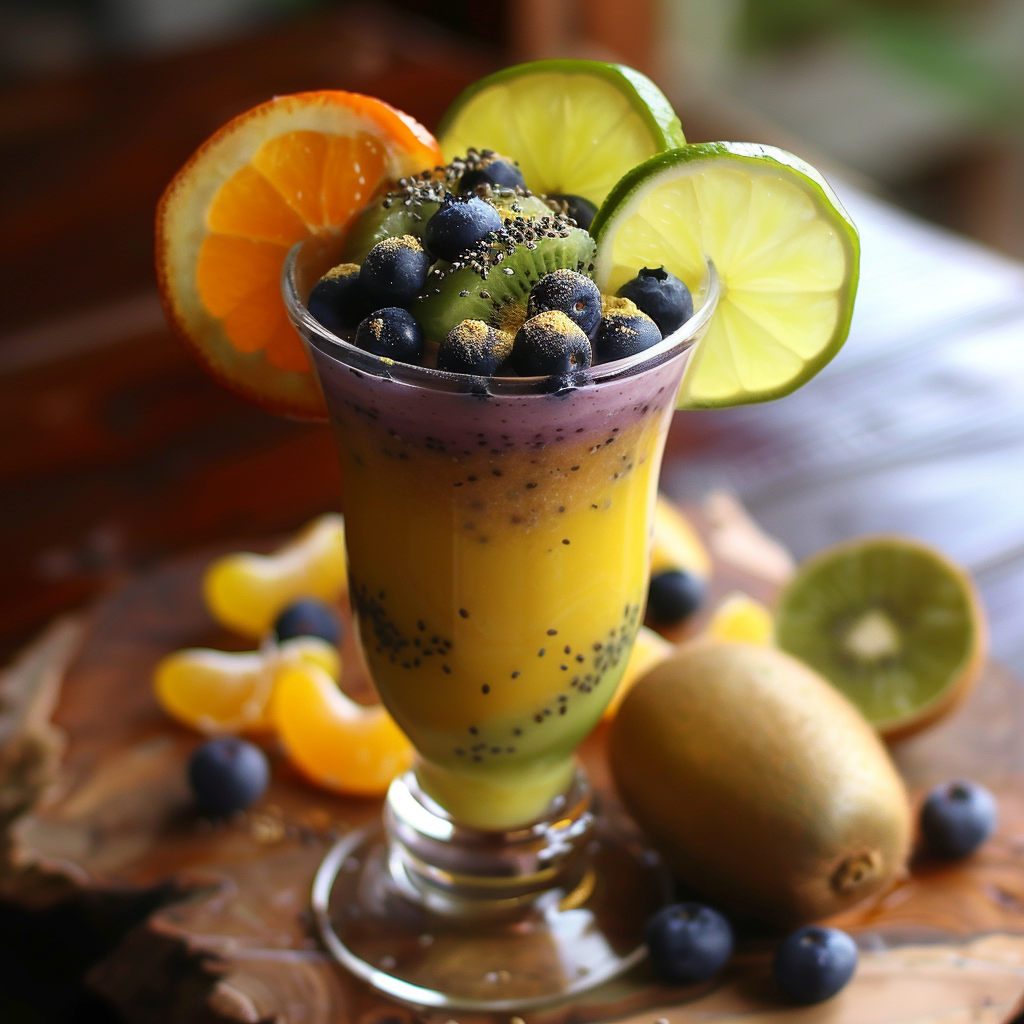 Experience the vibrant and refreshing zest of our Berry Citrus Surprise fruit smoothie, a delicious sensation bursting with goodness! This tall glass of layered delight showcases a radiant palette of yellow, green, and purple, garnished with lively slices of orange, kiwi, and lime. Bursting with health benefits from its fresh ingredients topped with chia seeds and blueberries. Surrounding the alluring glass is an array of fresh kiwi slices, plump blueberries, and juicy orange segments on a rustic wooden surface – all indicative of Zestful Blends’ commitment to freshness and eco-friendly practices. Sip in the vitality today! Experience the vibrant and refreshing zest of our Berry Citrus Surprise fruit smoothie, a delicious sensation bursting with goodness! This tall glass of layered delight showcases a radiant palette of yellow, green, and purple, garnished with lively slices of orange, kiwi, and lime. Bursting with health benefits from its fresh ingredients topped with chia seeds and blueberries. Surrounding the alluring glass is an array of fresh kiwi slices, plump blueberries, and juicy orange segments on a rustic wooden surface – all indicative of Zestful Blends’ commitment to freshness and eco-friendly practices. Sip in the vitality today!