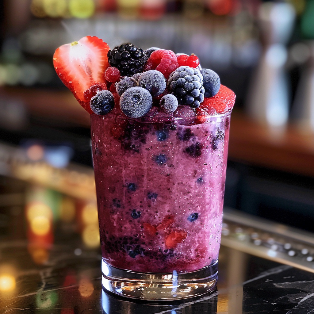 Savor the vibrant Berry Lychee Fusion, a refreshing glass brimming with an array of fresh and frozen berries: strawberries, blackberries, raspberries, and blueberries. Bursting with goodness, this invigorating blend also features a subtle hint of lychee for an unexpectedly delightful twist. Set against a sophisticated bar backdrop, this fusion embodies the essence of Zestful Blends’ commitment to health and freshness. Enjoy nature's bounty in every sip while supporting eco-friendly choices! Savor the vibrant Berry Lychee Fusion, a refreshing glass brimming with an array of fresh and frozen berries: strawberries, blackberries, raspberries, and blueberries. Bursting with goodness, this invigorating blend also features a subtle hint of lychee for an unexpectedly delightful twist. Set against a sophisticated bar backdrop, this fusion embodies the essence of Zestful Blends’ commitment to health and freshness. Enjoy nature's bounty in every sip while supporting eco-friendly choices!