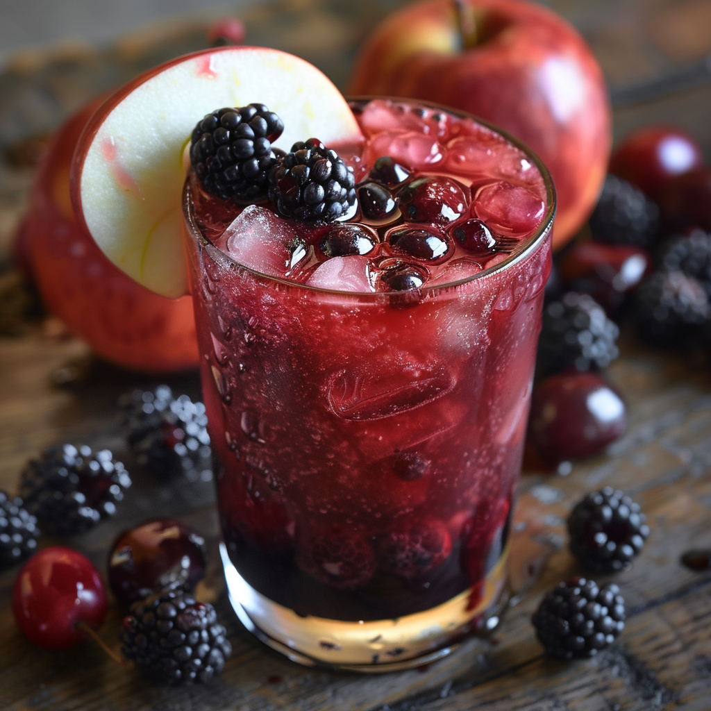 Experience the vibrant allure of Zestful Blends with our Berry Orchard Breeze! This refreshing drink, bursting with goodness, features a glass filled with ice and a lush dark red elixir that is garnished to perfection with fresh blackberries, cherries, and a crisp slice of apple. Surrounded by an orchard bounty of succulent blackberries, juicy cherries, and crisp apples on a rustic wooden surface, this delightful beverage captures the essence of natural wellness. Enjoy the pure taste and health benefits crafted from the freshest ingredients while embracing eco-friendly practices in every sip! Experience the vibrant allure of Zestful Blends with our Berry Orchard Breeze! This refreshing drink, bursting with goodness, features a glass filled with ice and a lush dark red elixir that is garnished to perfection with fresh blackberries, cherries, and a crisp slice of apple. Surrounded by an orchard bounty of succulent blackberries, juicy cherries, and crisp apples on a rustic wooden surface, this delightful beverage captures the essence of natural wellness. Enjoy the pure taste and health benefits crafted from the freshest ingredients while embracing eco-friendly practices in every sip!