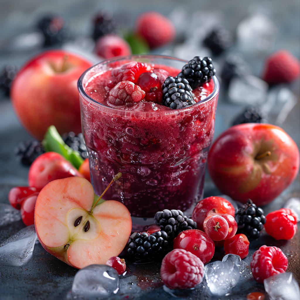 A glass brimming with the vibrant and delicious “Berry Orchard Breeze” smoothie, bursting with the goodness of garden-fresh raspberries and blackberries. Surrounding this refreshing glass are crisp apples, luscious halved apples, plump raspberries, and juicy blackberries, along with cooling ice cubes. The backdrop evokes the serenity of an orchard in a gentle breeze, dotted with scattered fruits and ice on a blurred gray surface—exemplifying nature’s bounty at its freshest.
Experience Zestful Blends’ commitment to health benefits in every sip and bite. Our products include fruit salads packed with vitamins, invigorating juices for a daily boost, wholesome snacks for any time of day, nutrient-rich smoothies like this one, convenient whole fruit packs for on-the-go nourishment, and delectable desserts that are as nutritious as they are delightful. Embrace eco-friendly choices with our sustainably sourced ingredients. Discover the ultimate in freshness and flavor! A glass brimming with the vibrant and delicious “Berry Orchard Breeze” smoothie, bursting with the goodness of garden-fresh raspberries and blackberries. Surrounding this refreshing glass are crisp apples, luscious halved apples, plump raspberries, and juicy blackberries, along with cooling ice cubes. The backdrop evokes the serenity of an orchard in a gentle breeze, dotted with scattered fruits and ice on a blurred gray surface—exemplifying nature’s bounty at its freshest.
Experience Zestful Blends’ commitment to health benefits in every sip and bite. Our products include fruit salads packed with vitamins, invigorating juices for a daily boost, wholesome snacks for any time of day, nutrient-rich smoothies like this one, convenient whole fruit packs for on-the-go nourishment, and delectable desserts that are as nutritious as they are delightful. Embrace eco-friendly choices with our sustainably sourced ingredients. Discover the ultimate in freshness and flavor!