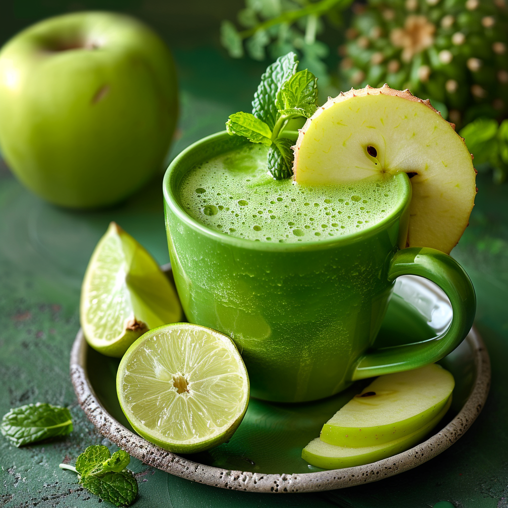 A vibrant green cup filled with our frothy Cactus Citrine Smoothie—bursting with goodness and garnished with a slice of crisp apple and fresh mint leaves—sits elegantly on a ceramic plate. Surrounding this energizing delight are juicy apple slices, zesty lime halves, and aromatic mint leaves, all arranged on a textured green surface that mimics cactus skin. Perfect for fueling your day with healthy vibes! A vibrant green cup filled with our frothy Cactus Citrine Smoothie—bursting with goodness and garnished with a slice of crisp apple and fresh mint leaves—sits elegantly on a ceramic plate. Surrounding this energizing delight are juicy apple slices, zesty lime halves, and aromatic mint leaves, all arranged on a textured green surface that mimics cactus skin. Perfect for fueling your day with healthy vibes!