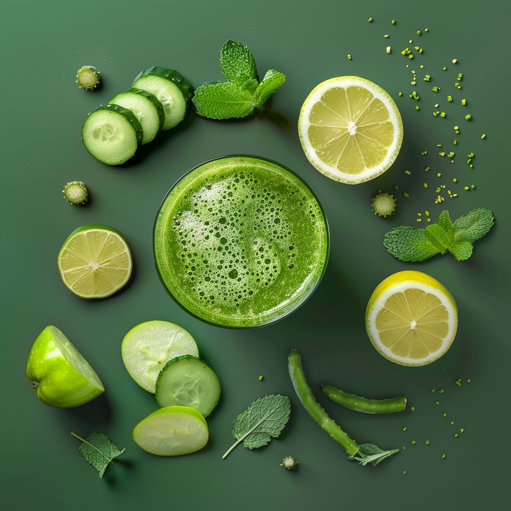 A glass of our Cactus Citrine Smoothie, bursting with goodness, takes center stage surrounded by an artful arrangement of sliced cucumber, zesty lime, crisp apple, tangy lemon, fresh mint leaves, fiery green chili, and scattered seeds on a lush dark green background. This vibrant citrine-hued smoothie is a refreshing blend from Zestful Blends that encapsulates the pinnacle of health benefits and freshness in every sip. Our eco-friendly packaging ensures you enjoy this nutritious delight sustainably! A glass of our Cactus Citrine Smoothie, bursting with goodness, takes center stage surrounded by an artful arrangement of sliced cucumber, zesty lime, crisp apple, tangy lemon, fresh mint leaves, fiery green chili, and scattered seeds on a lush dark green background. This vibrant citrine-hued smoothie is a refreshing blend from Zestful Blends that encapsulates the pinnacle of health benefits and freshness in every sip. Our eco-friendly packaging ensures you enjoy this nutritious delight sustainably!