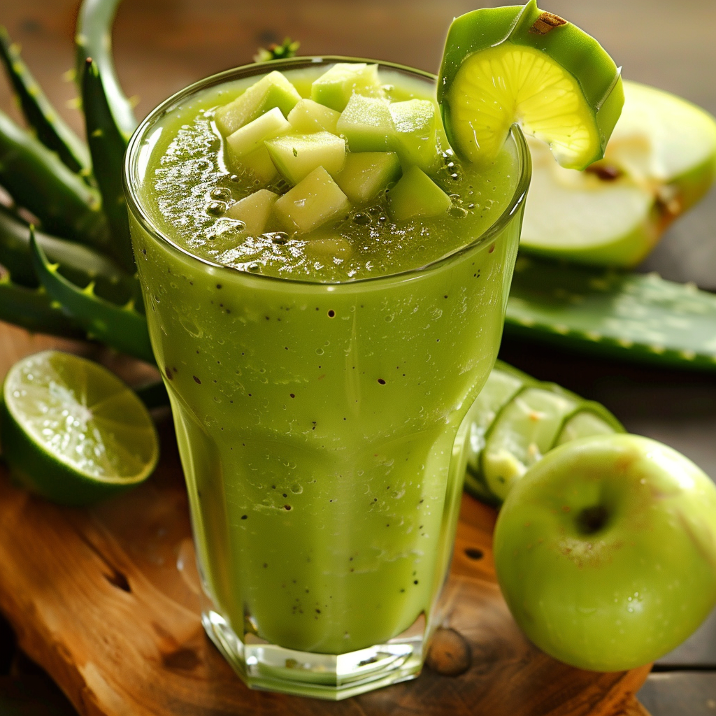 A tall glass of **Cactus Cooler Smoothie**, bursting with goodness, adorned with a vibrant lime slice and crisp green apple cubes. Set on a rustic wooden surface, surrounded by fresh lime, a juicy green apple, and lush aloe vera – exuding ultimate refreshment and wellness. Every sip delivers invigorating health benefits from nature’s freshest ingredients, brought to you in eco-friendly packaging by Zestful Blends. Nourish your body while savoring the zest! A tall glass of **Cactus Cooler Smoothie**, bursting with goodness, adorned with a vibrant lime slice and crisp green apple cubes. Set on a rustic wooden surface, surrounded by fresh lime, a juicy green apple, and lush aloe vera – exuding ultimate refreshment and wellness. Every sip delivers invigorating health benefits from nature’s freshest ingredients, brought to you in eco-friendly packaging by Zestful Blends. Nourish your body while savoring the zest!
