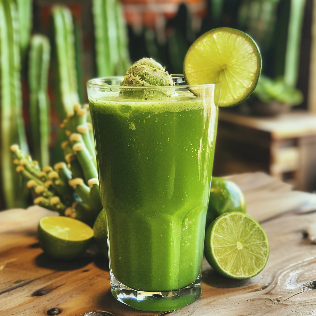 A tall, clear glass brimming with our lively, green Cactus Cooler Smoothie, crowned with a dusting of matcha powder. A zesty lime slice graces the rim, inviting you to indulge in this rejuvenating blend. Placed on an eco-friendly wooden table adorned with fresh limes and lush cacti—this smoothie is bursting with goodness and vitality, embodying the essence of Zestful Blends. A tall, clear glass brimming with our lively, green Cactus Cooler Smoothie, crowned with a dusting of matcha powder. A zesty lime slice graces the rim, inviting you to indulge in this rejuvenating blend. Placed on an eco-friendly wooden table adorned with fresh limes and lush cacti—this smoothie is bursting with goodness and vitality, embodying the essence of Zestful Blends.