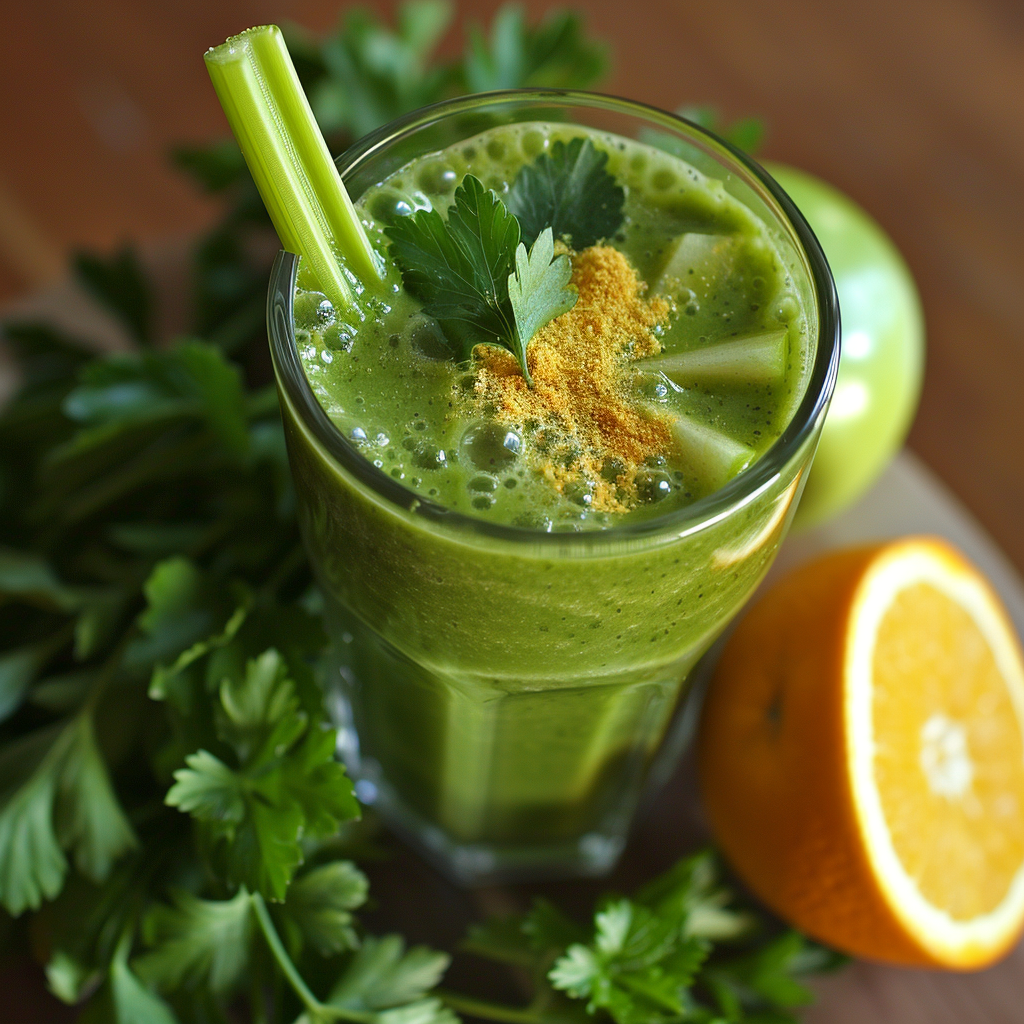 Elevate your wellness journey with our Celery Citrus Surge Smoothie, bursting with goodness and vibrant flavors! This tall glass of vitality is garnished with fresh celery, aromatic parsley leaves, and a hint of turmeric spice. Surrounding the smoothie are wholesome ingredients – crisp green apple and zesty sliced citrus orange – all on a natural wooden surface. Indulge in the freshness of nature while nourishing your body. As part of Zestful Blends’ eco-friendly promise, each product is crafted to energize your day sustainably. Discover health benefits in every delightful sip! Elevate your wellness journey with our Celery Citrus Surge Smoothie, bursting with goodness and vibrant flavors! This tall glass of vitality is garnished with fresh celery, aromatic parsley leaves, and a hint of turmeric spice. Surrounding the smoothie are wholesome ingredients – crisp green apple and zesty sliced citrus orange – all on a natural wooden surface. Indulge in the freshness of nature while nourishing your body. As part of Zestful Blends’ eco-friendly promise, each product is crafted to energize your day sustainably. Discover health benefits in every delightful sip!