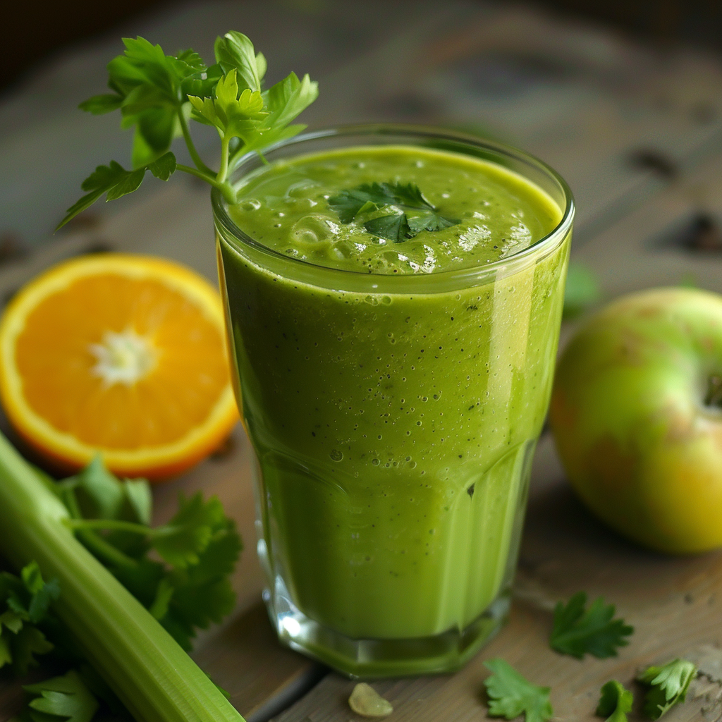 A glass of Celery Citrus Surge Smoothie, garnished with a vibrant sprig of parsley, graces a rustic wooden table. Surrounding the smoothie are fresh celery stalks, lush parsley leaves, a zesty half orange, and a crisp apple—each ingredient bursting with goodness. This delicious blend epitomizes Zestful Blends' commitment to health and freshness. Enjoy this eco-friendly treat that packs vital vitamins and minerals in every refreshing sip! A glass of Celery Citrus Surge Smoothie, garnished with a vibrant sprig of parsley, graces a rustic wooden table. Surrounding the smoothie are fresh celery stalks, lush parsley leaves, a zesty half orange, and a crisp apple—each ingredient bursting with goodness. This delicious blend epitomizes Zestful Blends' commitment to health and freshness. Enjoy this eco-friendly treat that packs vital vitamins and minerals in every refreshing sip!