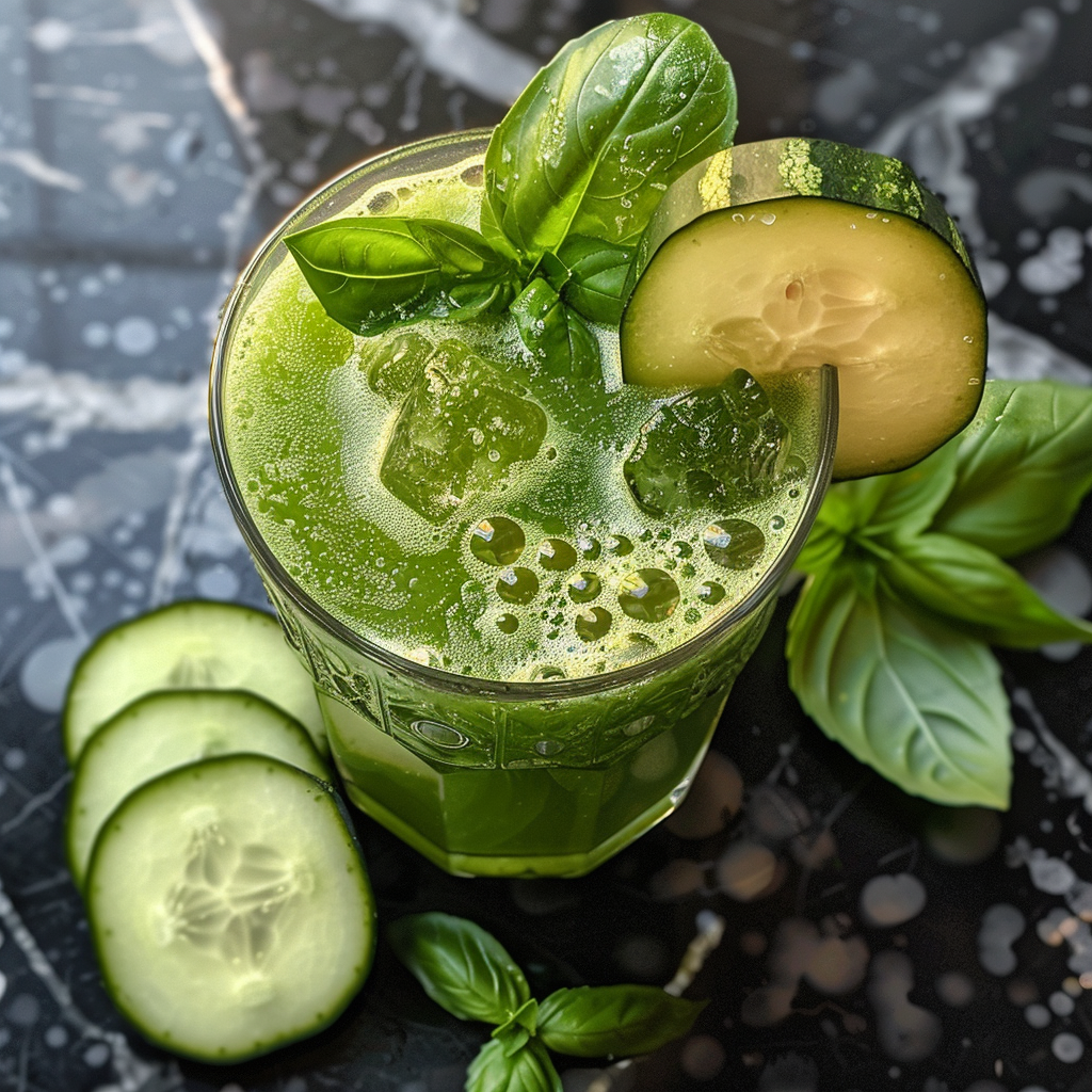 A revitalizing Chartreuse Chiller, adorned with aromatic basil leaves and a crisp cucumber slice, graces a chic, dark surface. Surrounding the glass are three freshly cut cucumber slices and extra basil leaves, amplifying the drink’s vibrant and fresh appeal. Bursting with goodness, this delightful beverage not only invigorates your senses but also aligns with Zestful Blends’ commitment to optimal health and eco-friendly practices. Indulge in our array of fruit salads, juices, snacks, smoothies, whole fruit packs, and desserts—each crafted to deliver maximum freshness and health benefits in every bite! A revitalizing Chartreuse Chiller, adorned with aromatic basil leaves and a crisp cucumber slice, graces a chic, dark surface. Surrounding the glass are three freshly cut cucumber slices and extra basil leaves, amplifying the drink’s vibrant and fresh appeal. Bursting with goodness, this delightful beverage not only invigorates your senses but also aligns with Zestful Blends’ commitment to optimal health and eco-friendly practices. Indulge in our array of fruit salads, juices, snacks, smoothies, whole fruit packs, and desserts—each crafted to deliver maximum freshness and health benefits in every bite!