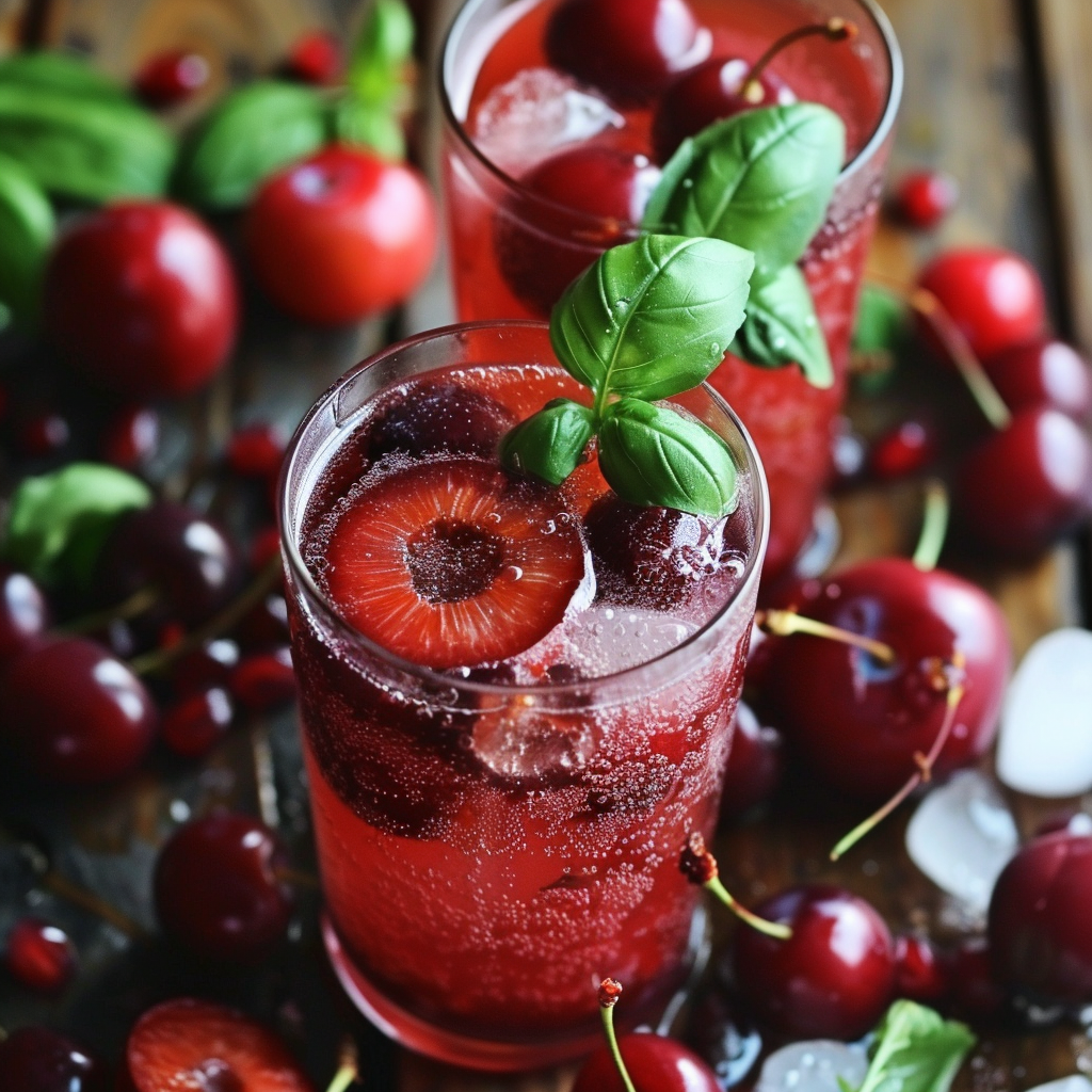 Two glasses of our fizzy Cherry Plum Potion, bursting with goodness and garnished with fresh basil leaves and cherry slices. Surrounded by whole, juicy cherries and crisp ice cubes on a rustic wooden surface, this refreshing Cherry Plum Potion embodies the vibrant essence of summer. Experience the ultimate blend of health benefits and freshness in every sip! Perfectly crafted from eco-friendly ingredients to elevate your wellness journey. Two glasses of our fizzy Cherry Plum Potion, bursting with goodness and garnished with fresh basil leaves and cherry slices. Surrounded by whole, juicy cherries and crisp ice cubes on a rustic wooden surface, this refreshing Cherry Plum Potion embodies the vibrant essence of summer. Experience the ultimate blend of health benefits and freshness in every sip! Perfectly crafted from eco-friendly ingredients to elevate your wellness journey.