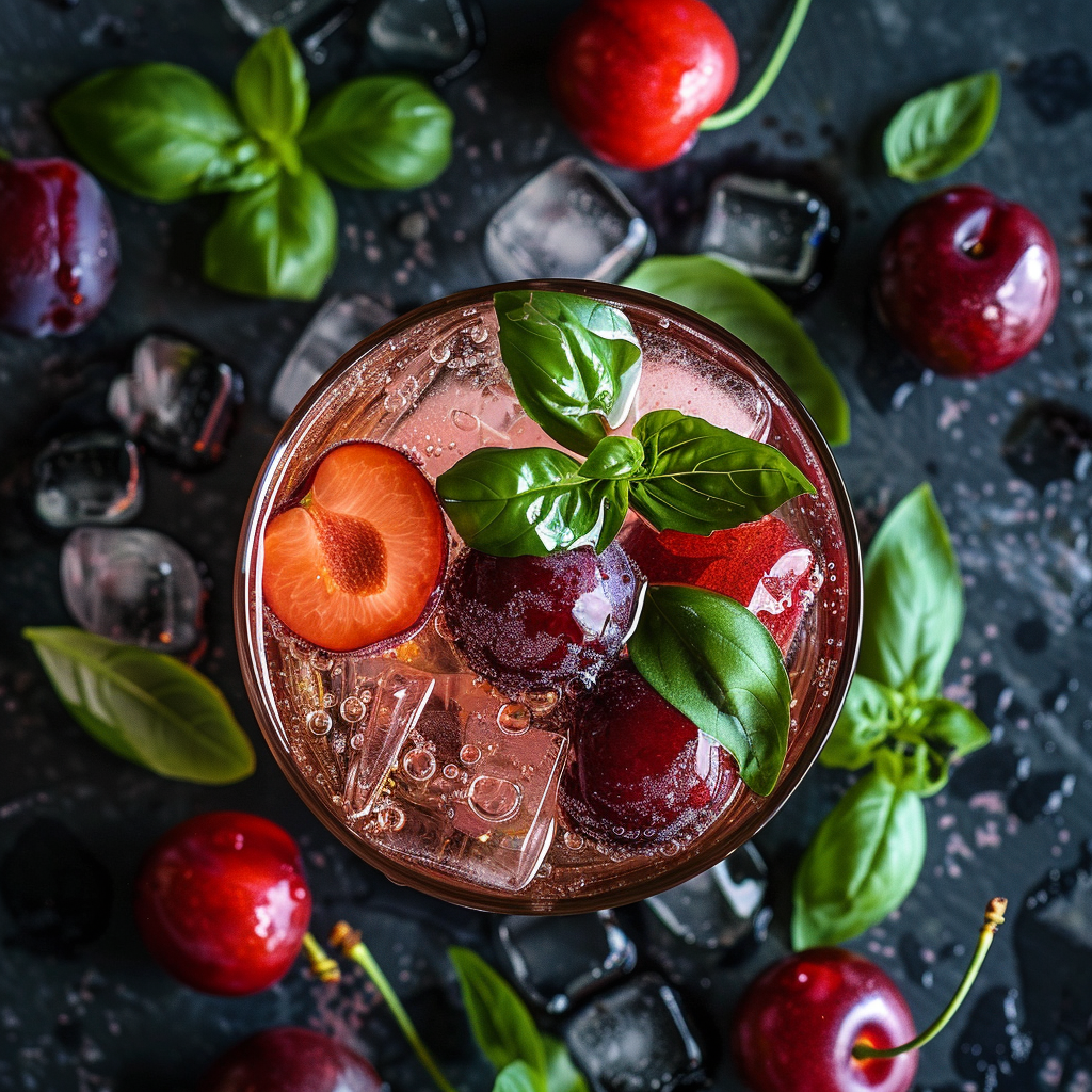 A revitalizing Cherry Plum Potion garnished with juicy cherries, a luscious halved plum, and fragrant fresh basil leaves—bursting with goodness! Surrounded by ice cubes, succulent whole cherries, and vibrant basil on a sleek dark background. Experience the ultimate refreshment from Zestful Blends—where every sip celebrates health, freshness, and eco-friendly goodness. A revitalizing Cherry Plum Potion garnished with juicy cherries, a luscious halved plum, and fragrant fresh basil leaves—bursting with goodness! Surrounded by ice cubes, succulent whole cherries, and vibrant basil on a sleek dark background. Experience the ultimate refreshment from Zestful Blends—where every sip celebrates health, freshness, and eco-friendly goodness.