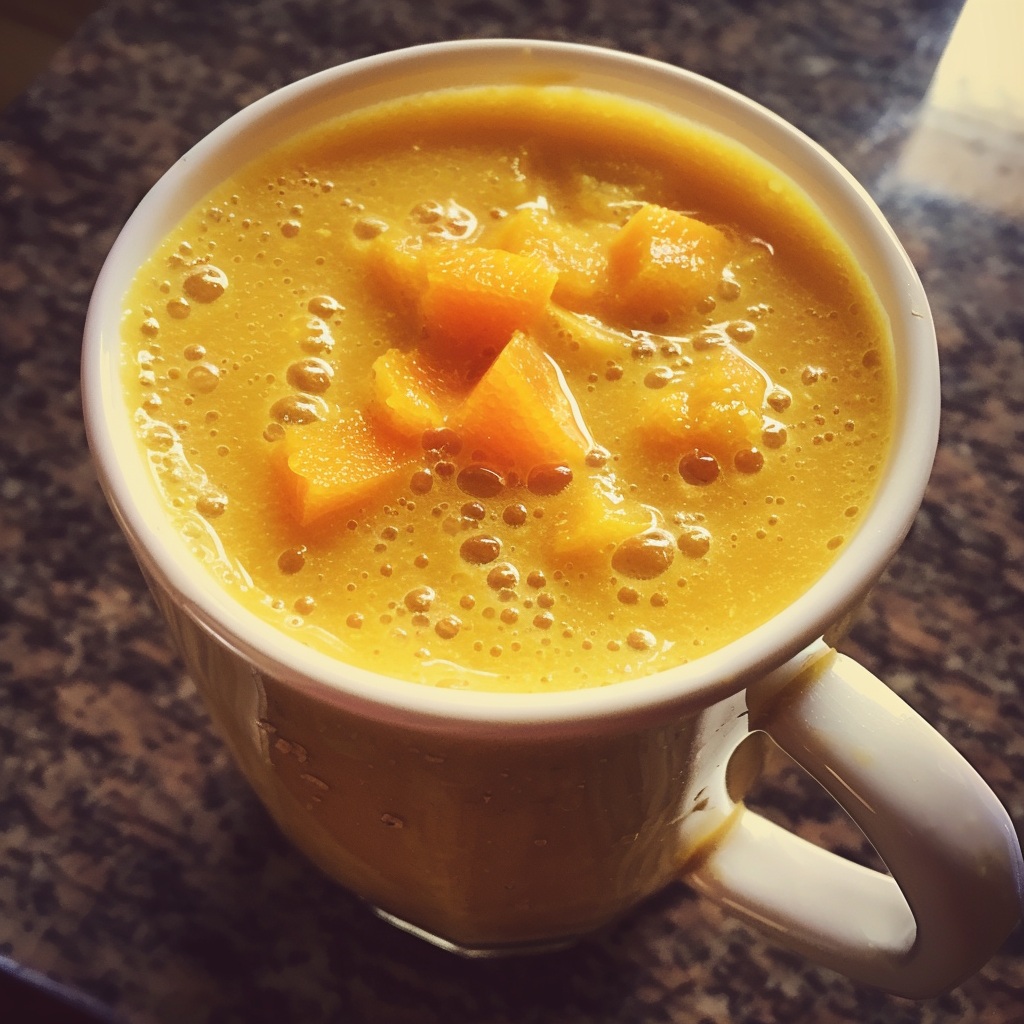 A tantalizing close-up of a ceramic mug brimming with our **Citrus Glow Smoothie**, bursting with the freshness of zesty citrus and luscious chunks of ripe mango. This vibrant yellow-orange elixir embodies health and vitality, glowing brilliantly against a stylishly speckled dark countertop. At Zestful Blends, we infuse every sip with wholesome ingredients for maximum enjoyment and nourishment. Embrace the eco-friendly goodness in every delightful gulp! A tantalizing close-up of a ceramic mug brimming with our **Citrus Glow Smoothie**, bursting with the freshness of zesty citrus and luscious chunks of ripe mango. This vibrant yellow-orange elixir embodies health and vitality, glowing brilliantly against a stylishly speckled dark countertop. At Zestful Blends, we infuse every sip with wholesome ingredients for maximum enjoyment and nourishment. Embrace the eco-friendly goodness in every delightful gulp!