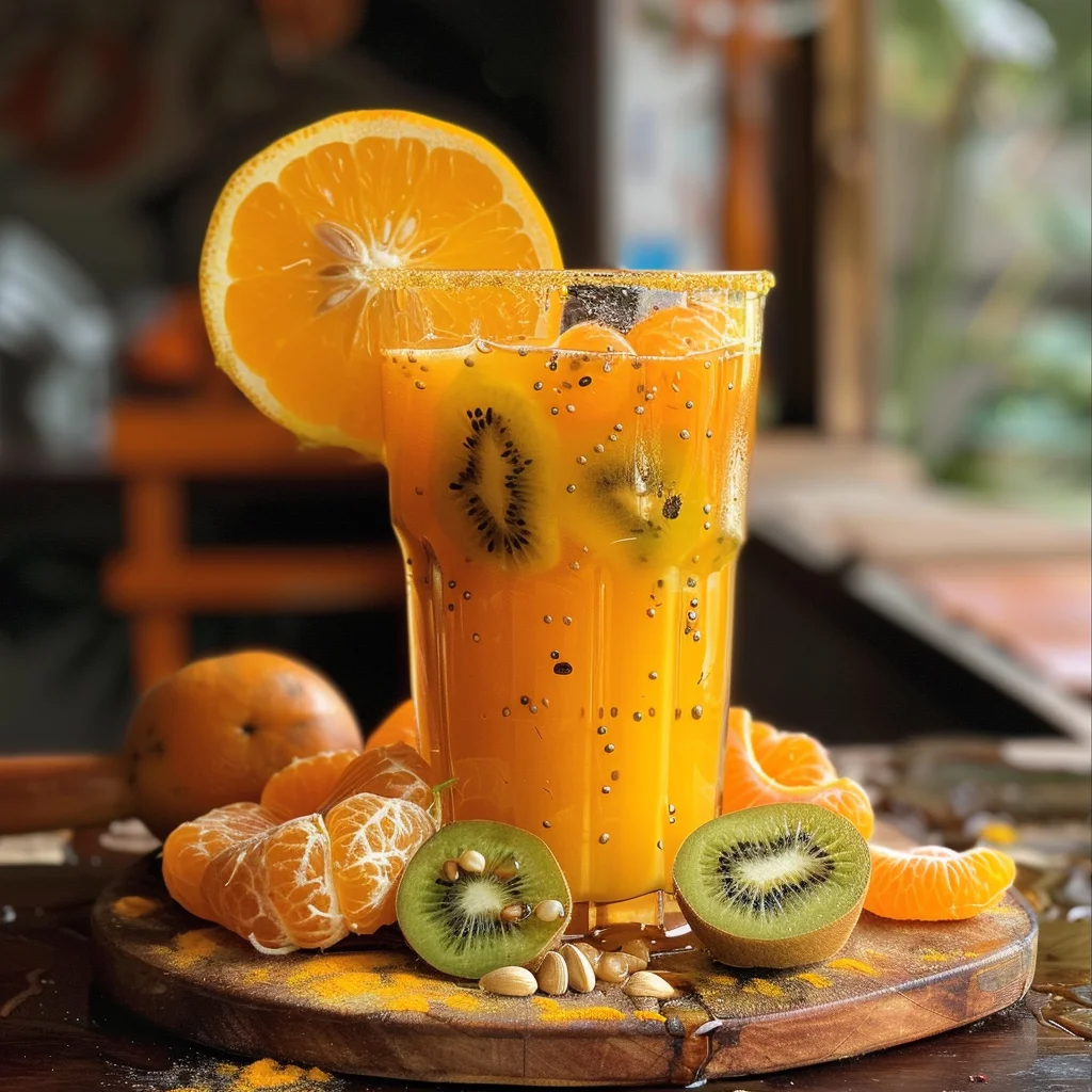 A vibrant glass of Citrus Gold Rush, bursting with the goodness of sliced kiwi and chia seeds, garnished with a zesty orange slice. This citrus-infused delight is surrounded by peeled and whole tangerines, juicy kiwi halves, and nutritious seeds on a rustic wooden board, creating a tropical and refreshing scene reminiscent of a Gold Rush bounty. Packed with essential vitamins and antioxidants, Zestful Blends’ Citrus Gold Rush is your sip of health and vitality in every eco-friendly cup! A vibrant glass of Citrus Gold Rush, bursting with the goodness of sliced kiwi and chia seeds, garnished with a zesty orange slice. This citrus-infused delight is surrounded by peeled and whole tangerines, juicy kiwi halves, and nutritious seeds on a rustic wooden board, creating a tropical and refreshing scene reminiscent of a Gold Rush bounty. Packed with essential vitamins and antioxidants, Zestful Blends’ Citrus Gold Rush is your sip of health and vitality in every eco-friendly cup!