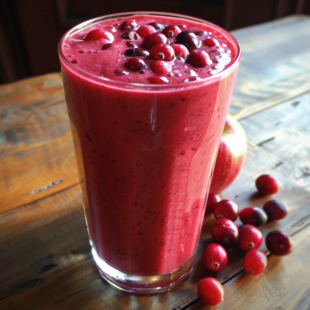 A tall glass of Crimson Cranberry Crush Smoothie sits on a wooden table, brimming with a blend of cranberries and other nutrient-rich red fruits. Fresh cranberries are artfully scattered near the glass, and a crisp apple peeks into view in the background. Bursting with goodness, this vibrant smoothie not only tantalizes your taste buds but also provides a powerhouse of antioxidants and vitamins. At Zestful Blends, we craft each product to deliver freshness straight from nature to you, all while embracing eco-friendly practices that nurture our planet. A tall glass of Crimson Cranberry Crush Smoothie sits on a wooden table, brimming with a blend of cranberries and other nutrient-rich red fruits. Fresh cranberries are artfully scattered near the glass, and a crisp apple peeks into view in the background. Bursting with goodness, this vibrant smoothie not only tantalizes your taste buds but also provides a powerhouse of antioxidants and vitamins. At Zestful Blends, we craft each product to deliver freshness straight from nature to you, all while embracing eco-friendly practices that nurture our planet.