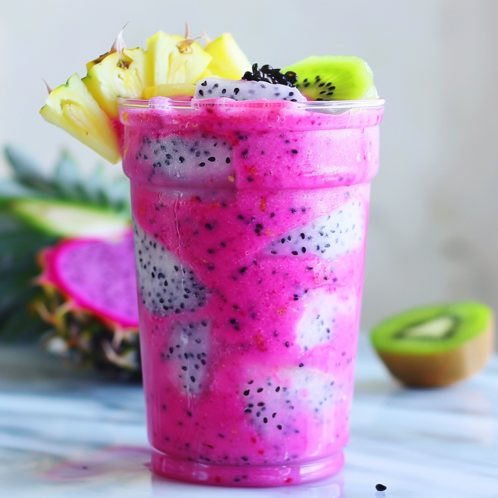 Experience the vibrant taste of our Dragonfruit Delight, bursting with goodness in every bite! This stunning blend features luscious pink dragon fruit garnished with refreshing kiwi slices, juicy pineapple chunks, and a sprinkle of black sesame seeds. Presented in a clear eco-friendly cup to showcase its colorful glory. In the background, spot a whole kiwi and a segmented dragon fruit paired with fresh pineapple leaves—promising freshness and vitality with every sip. Discover the health benefits wrapped up in this ultimate feel-good treat from Zestful Blends! Experience the vibrant taste of our Dragonfruit Delight, bursting with goodness in every bite! This stunning blend features luscious pink dragon fruit garnished with refreshing kiwi slices, juicy pineapple chunks, and a sprinkle of black sesame seeds. Presented in a clear eco-friendly cup to showcase its colorful glory. In the background, spot a whole kiwi and a segmented dragon fruit paired with fresh pineapple leaves—promising freshness and vitality with every sip. Discover the health benefits wrapped up in this ultimate feel-good treat from Zestful Blends!